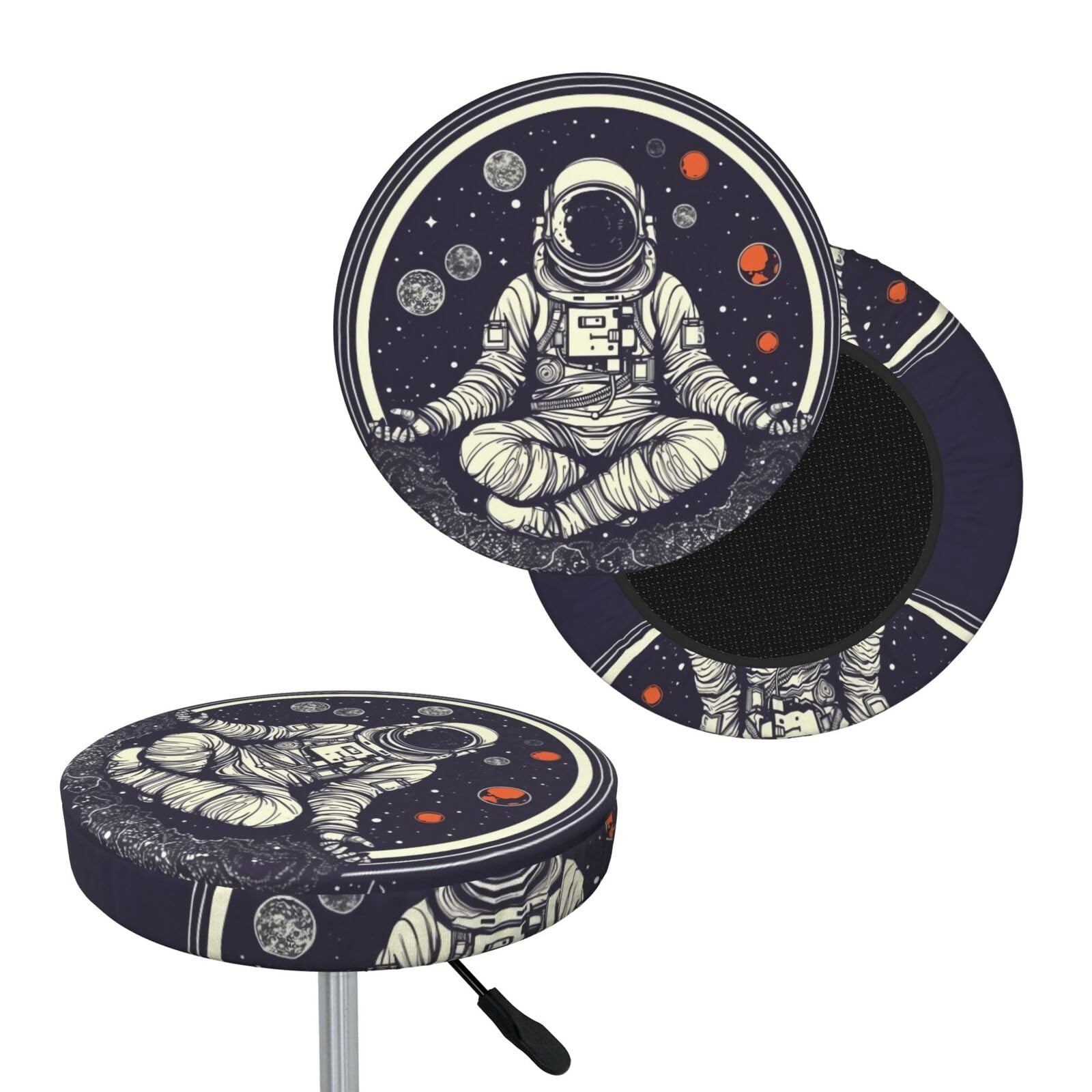 FodPand Astronaut Sitting in Yoga Chakra Bar Stool Cover Round Elastic Stool Cushion Covers Washable Bar Stool Chair Slipcover Stretch Stool Seat Covers for 12-14 Inch Chair