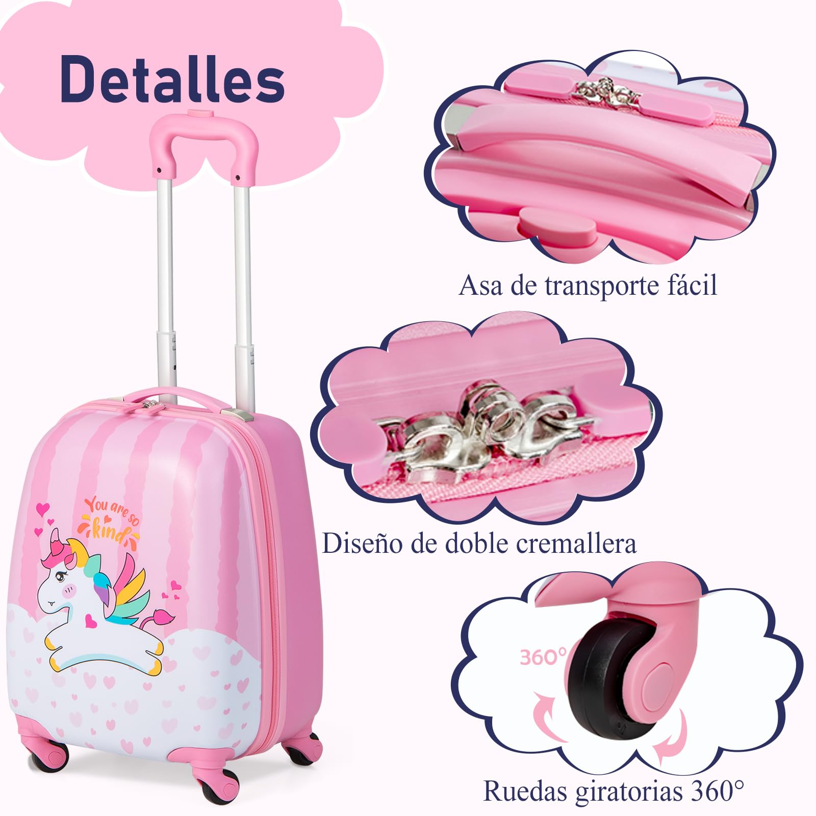 SOARS Set di Valigia 16’’ + Zaino 12’’ per Bambini 2 Pezzi, Bagagli 2-in-1 con Zainetto da Viaggio Aereo, Trolley con Maniglia Telescopica e 4 Ruote a 360° (Rosa Unicorno-A)