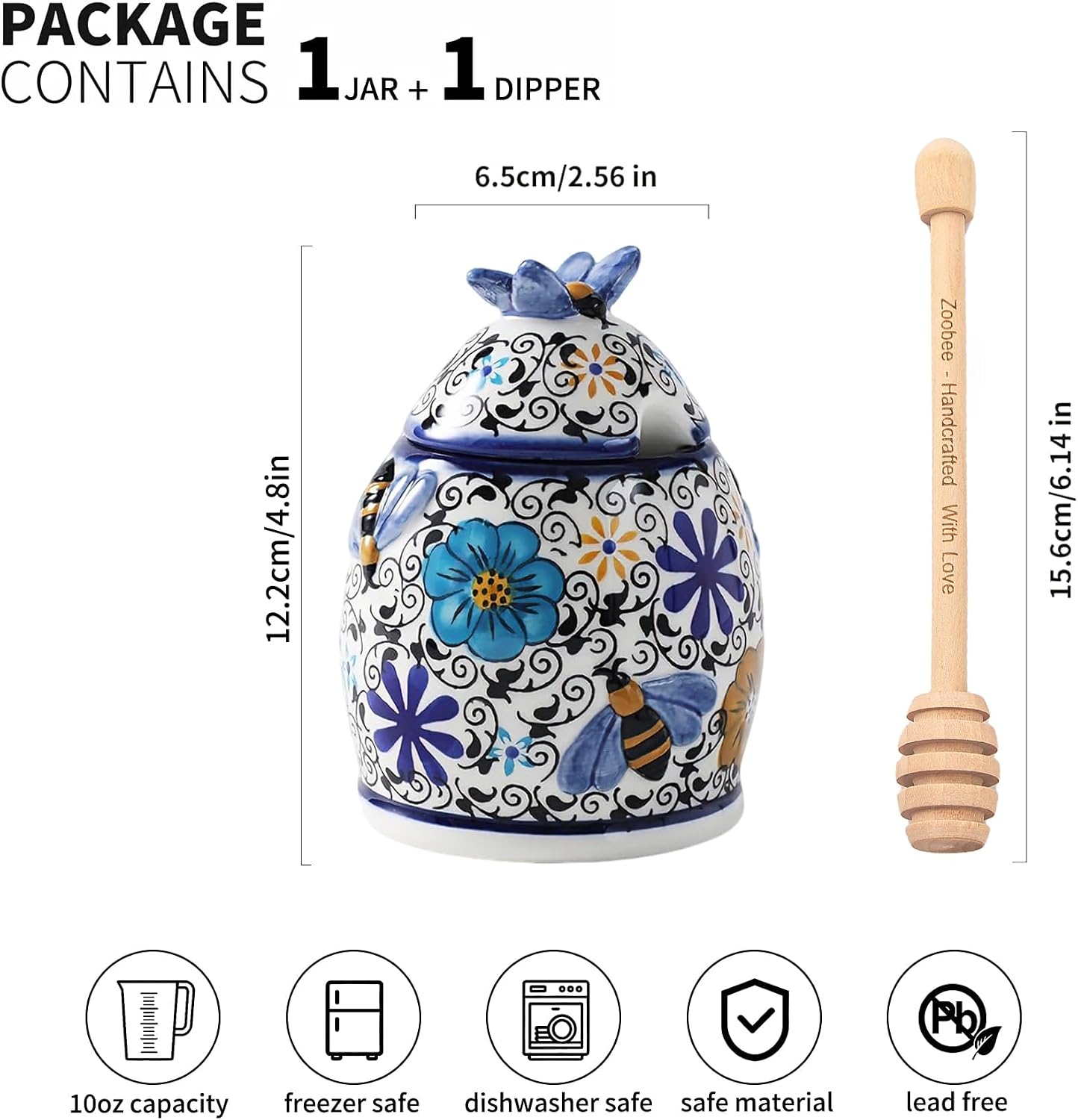 ZOOBEE 10oz Ceramic Honey Jar with Dipper, Hidden Nook image 2