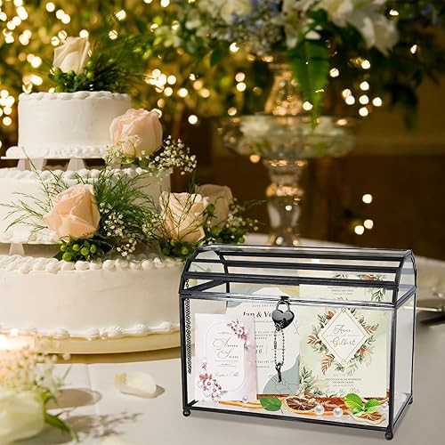 Miniatura 5 de HighFree Caja grande de cristal para tarjetas de boda de 12.2 pulgadas con ranura y cerradura, terrario geométrico de cobre hecho a mano, caja