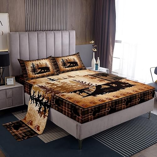 Juego de sábanas con estampado de patas de oso, tamaño King, diseño retro de pinos y animales salvajes, 1 encimera, 2 fundas de almohada, decoración