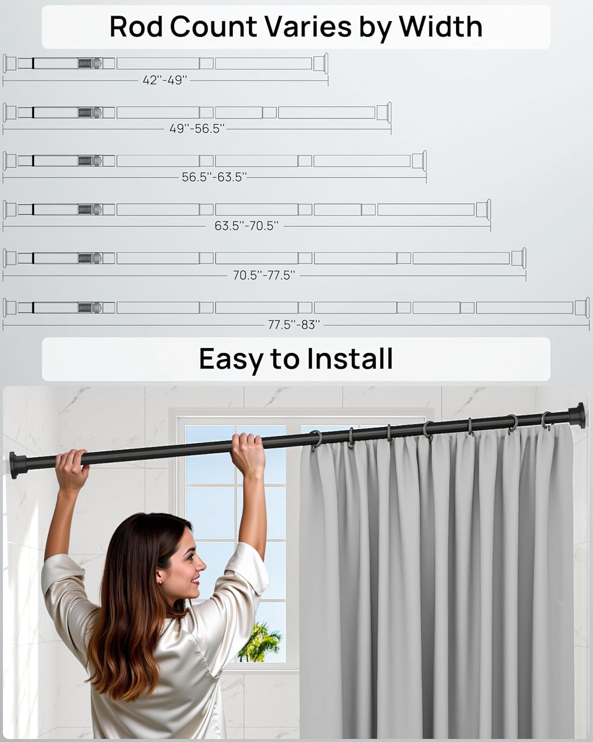ALLZONE Heavy Duty Tension Shower Curtain Rod 42-83 Inches for Bathroom, Window, Non-Slip, Adjustable with Strong Spring Pole for Closet, Doorway, No Rust, No Drilling, Black Black 42-83 Inches