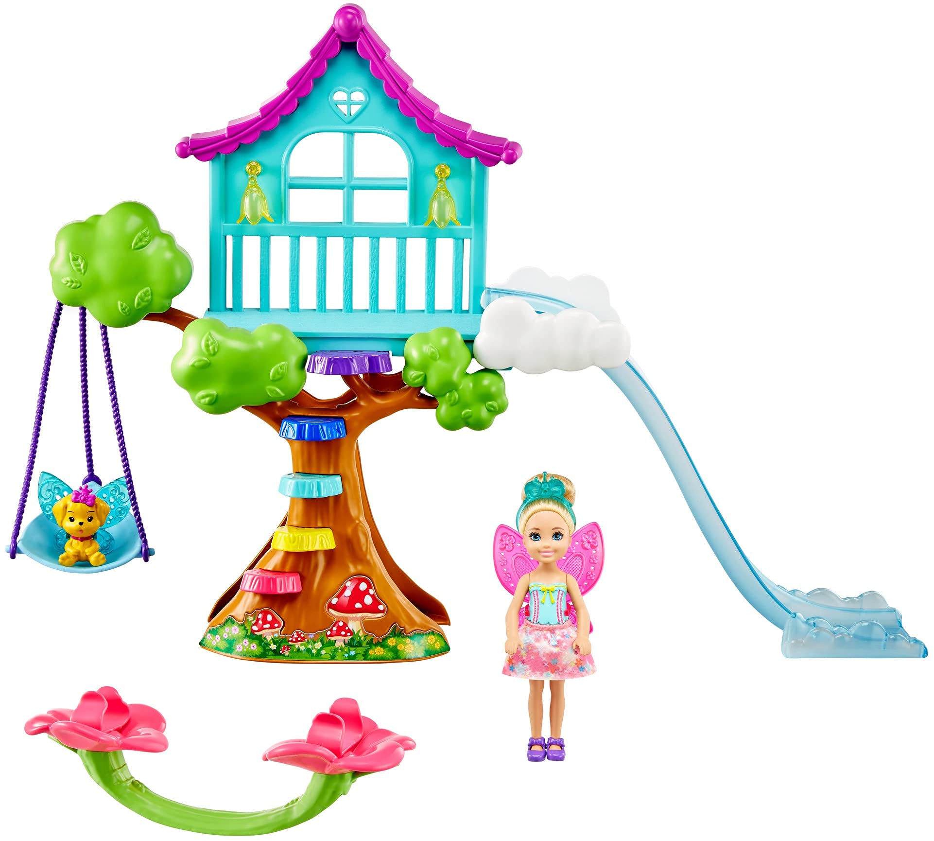 Barbie Dreamtopia Chelsea Fairy Doll and Fairytale Treehouse Playset with Seesaw, Swing, Slide, Pet and Accessories, Gift ...