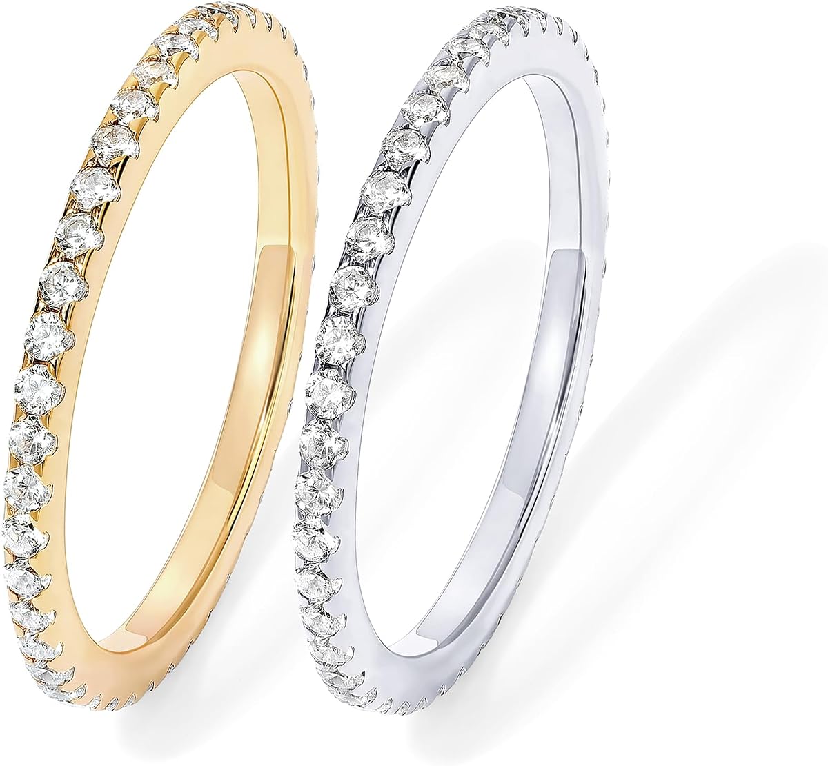 PAVOI Alianza de boda de plata de ley 925 para mujer, anillo chapado en oro de 14 quilates con circonita cúbica | Anillos apilables delicados para mujer, anillos de eternidad con circonita cúbica