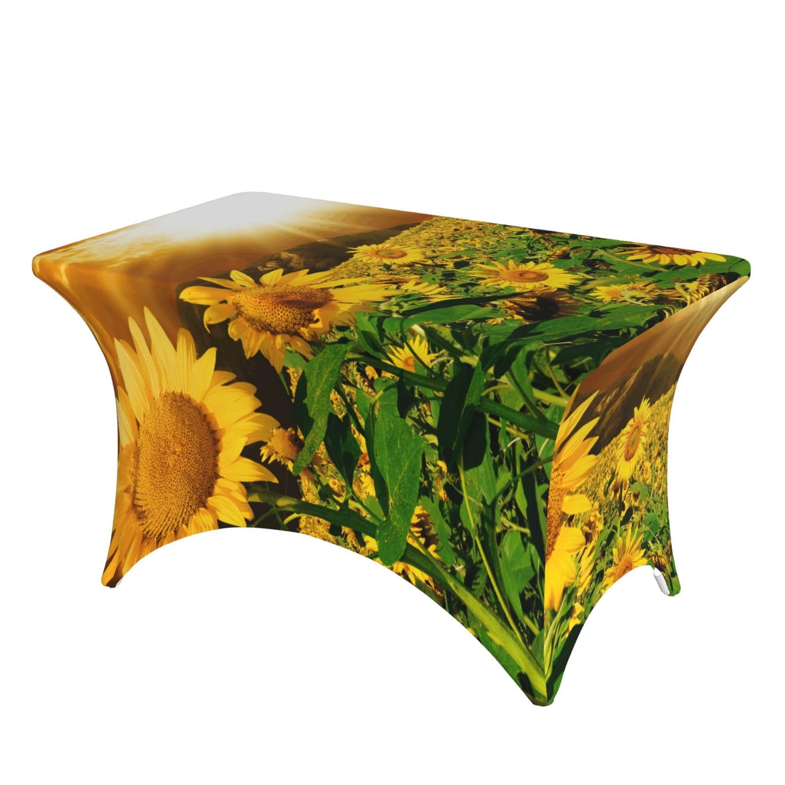 Dcehgew Yellow Sunflower Blooming 4Ft Spandex Rectangular Table Cloth, Printed Fitted Elastic Tablecloths Washable Table Cover For Event, Wedding, Banquet & Party