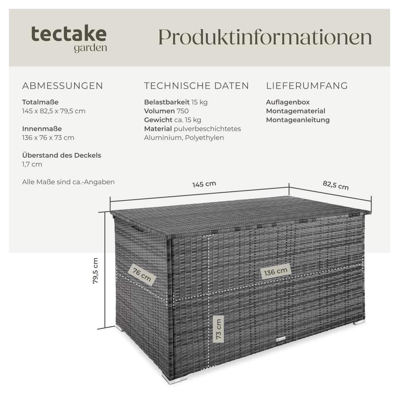tectake® Aluminium Polyrattan Aufbewahrungsbox mit Deckel, 750L, Gartenkiste wetterfest, Gartenbox mit Gasdruckfedern, Garten Auflagenbox, UV-beständig, rostfrei, Stauraum, 145x82,5x79,5 cm - grau