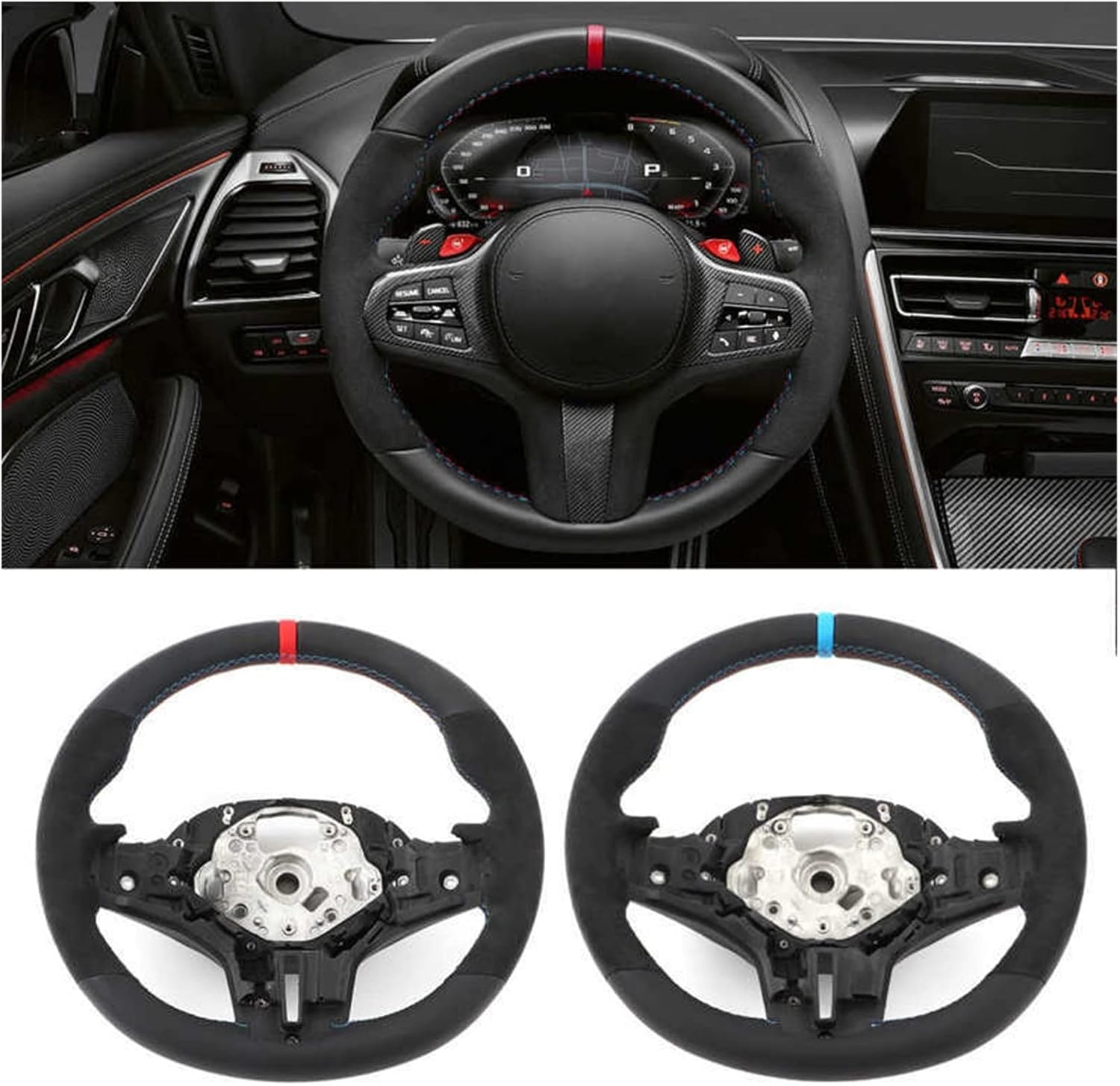 Steering Wheel Suede M‑Tri Stitching Compatible with BMW M5 F90 M8 X3M X4M X5M X6M G3X G1X G0X M Sport Car Accessories(NX200 2019)