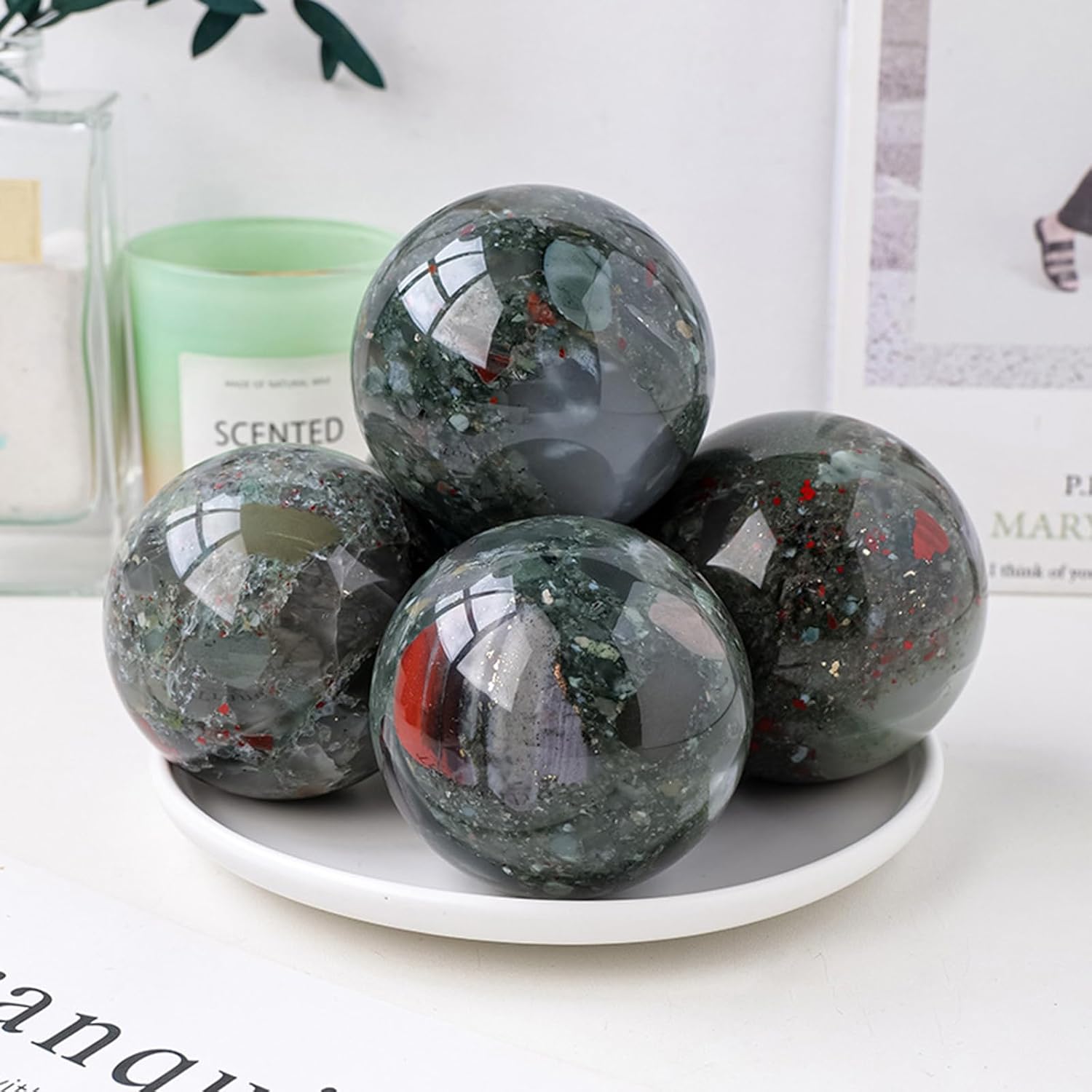 African Bloodstone Crystal Ball with Wooden Stand, Quartz Crystal Sphere Gemstone Ball Ornaments for Witchcraft Divination Home Decor,7~7.5cm