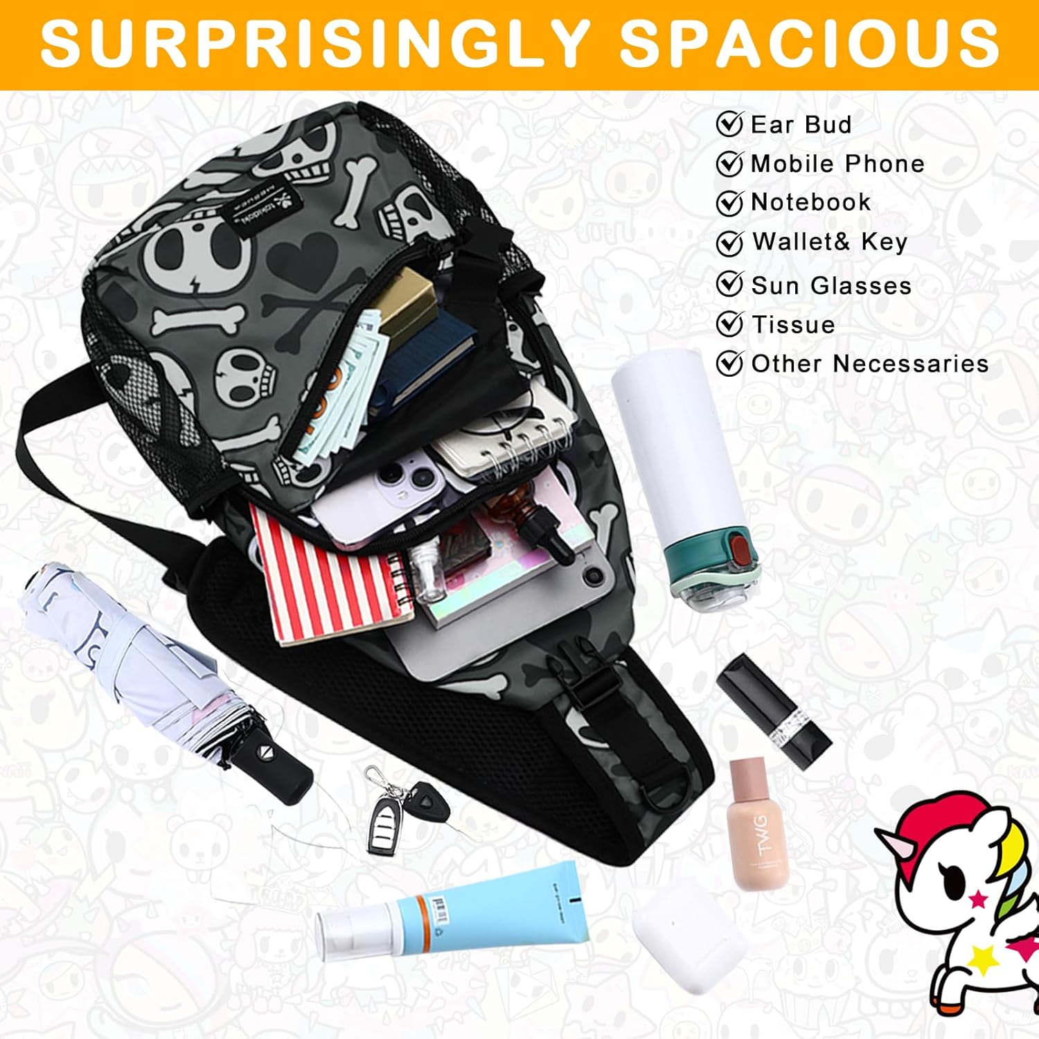 tokidoki Sling Bag for Women & Men, Cute Unicorno Chest Pack, Casual Crossbody Daypack for Gym, Cycling & Hiking