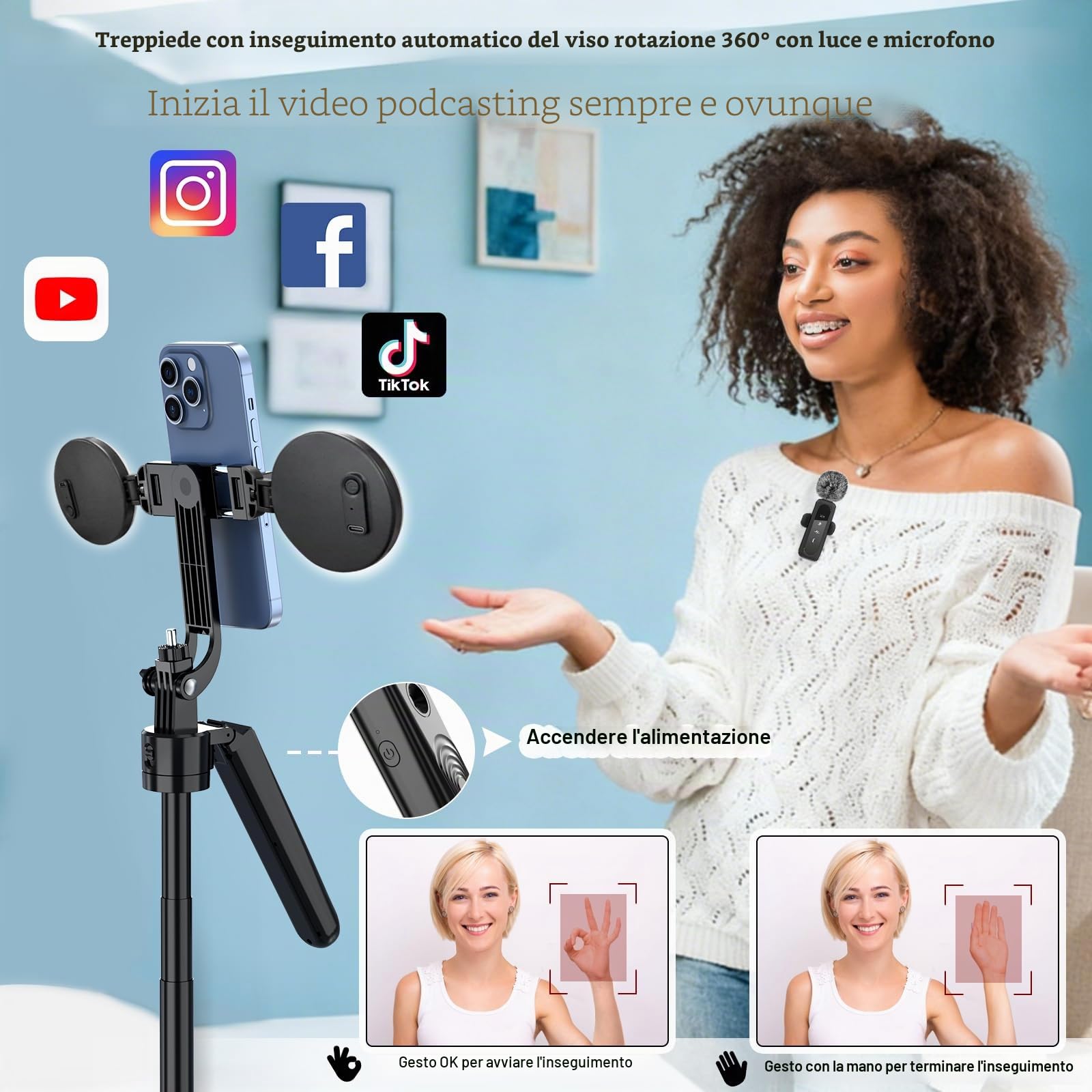 Creator di Contenuti per YouTube - Kit di Vlogging per iPhone/Android, Treppiede di Seguimento Facciale Automatico da 178 cm per iPhone con Luci e Microfoni Wireless, Kit di Avvio per TikTok/YouTube