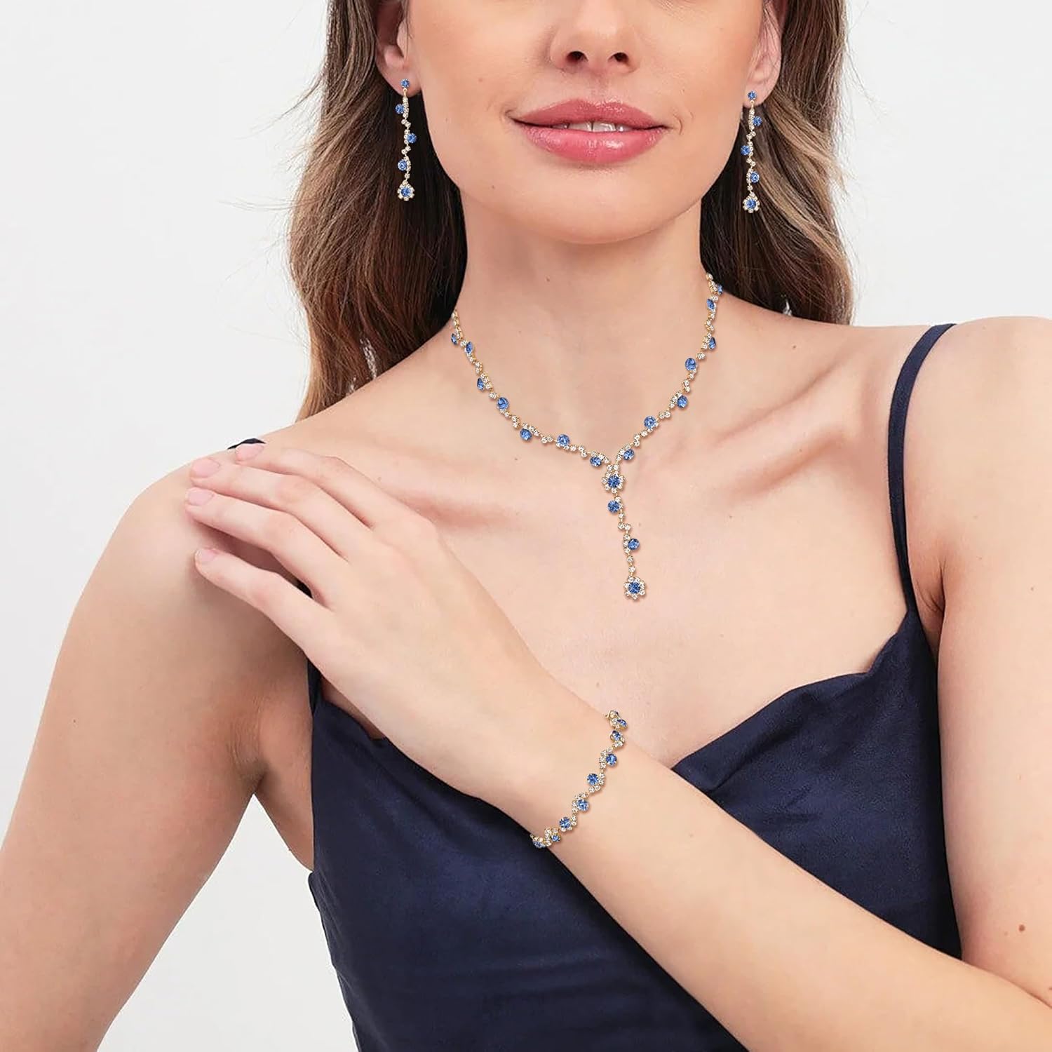 Crysdue Rhinestone Wedding Jewelry Set for Women Brides Bridesmaid, Sparkle Crystal Earrings Statement Necklace Bracelet Set for Party Prom - Image 2