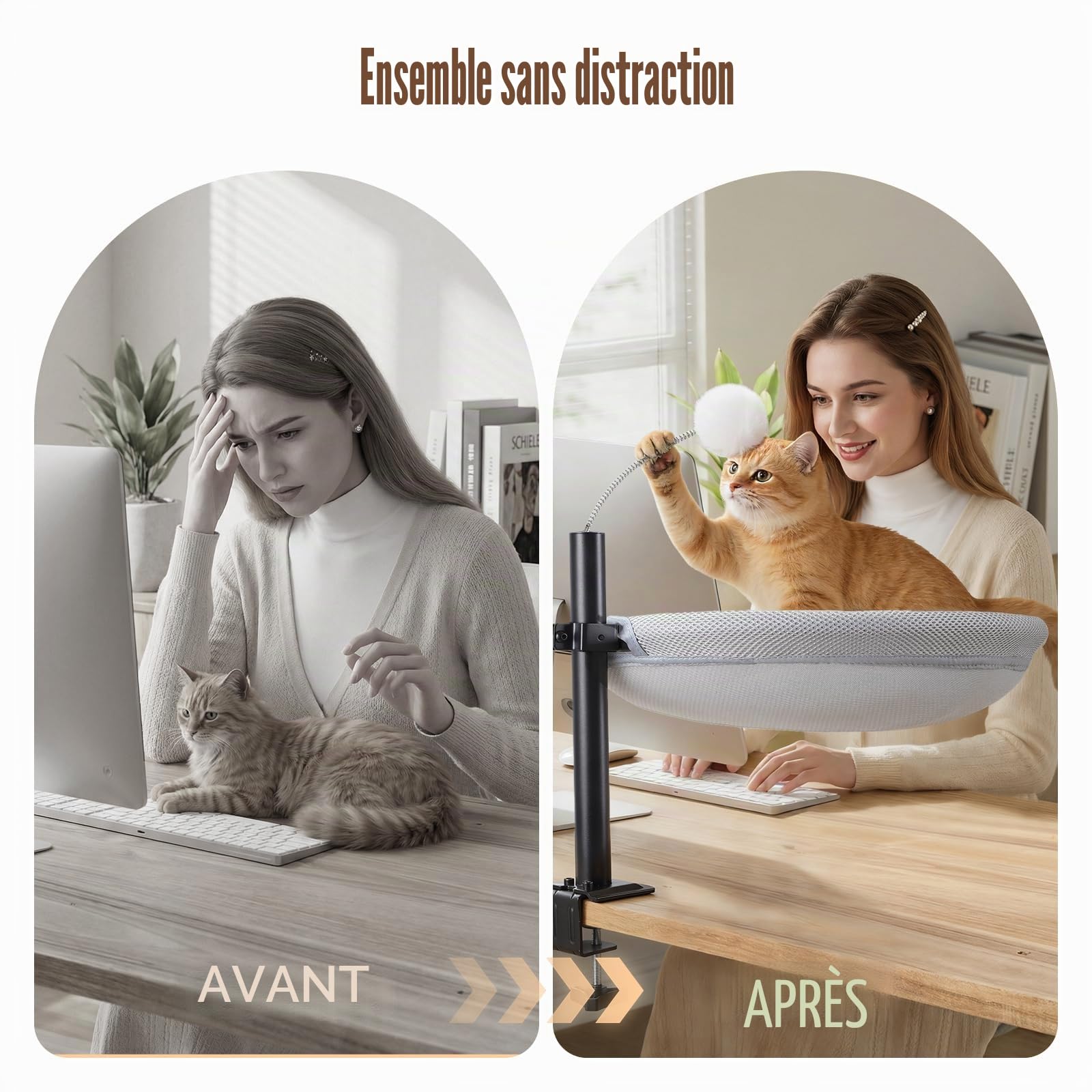 Lit de Bureau pour Chat, nid de Bureau pivotant à 360° et réglable en Hauteur avec Balle Suspendue Interactive, hamac pour Chat avec Housse Lavable pour Bureau à Domicile, supporte jusqu'à 40 lbs