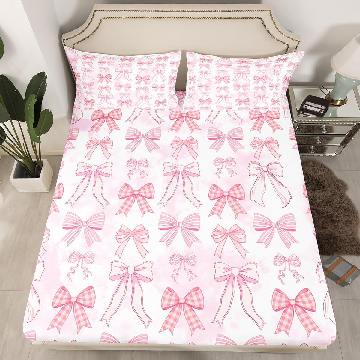Manfei Pink Bows Fitted Sheet Full Size, Cute Bowknot Bedding Set 3pcs for Kids Girls Princess Room Decor, Kawaii Bow Tie Bed Cover with 2 Pillowcases, Soft Polyester Deep Pocket Bedding, No Flat