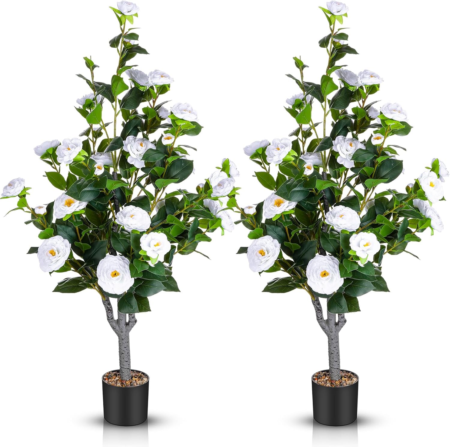 Jexine 2 Pack 40" Artificial Tree with Camellia, Fake Tree with 36 Blooming Flowers, Flower Plants Tree Faux Floral Plant Tree in Cement Pot for Indoor Outdoor Office Home Porch Decor (White,40") White 40"