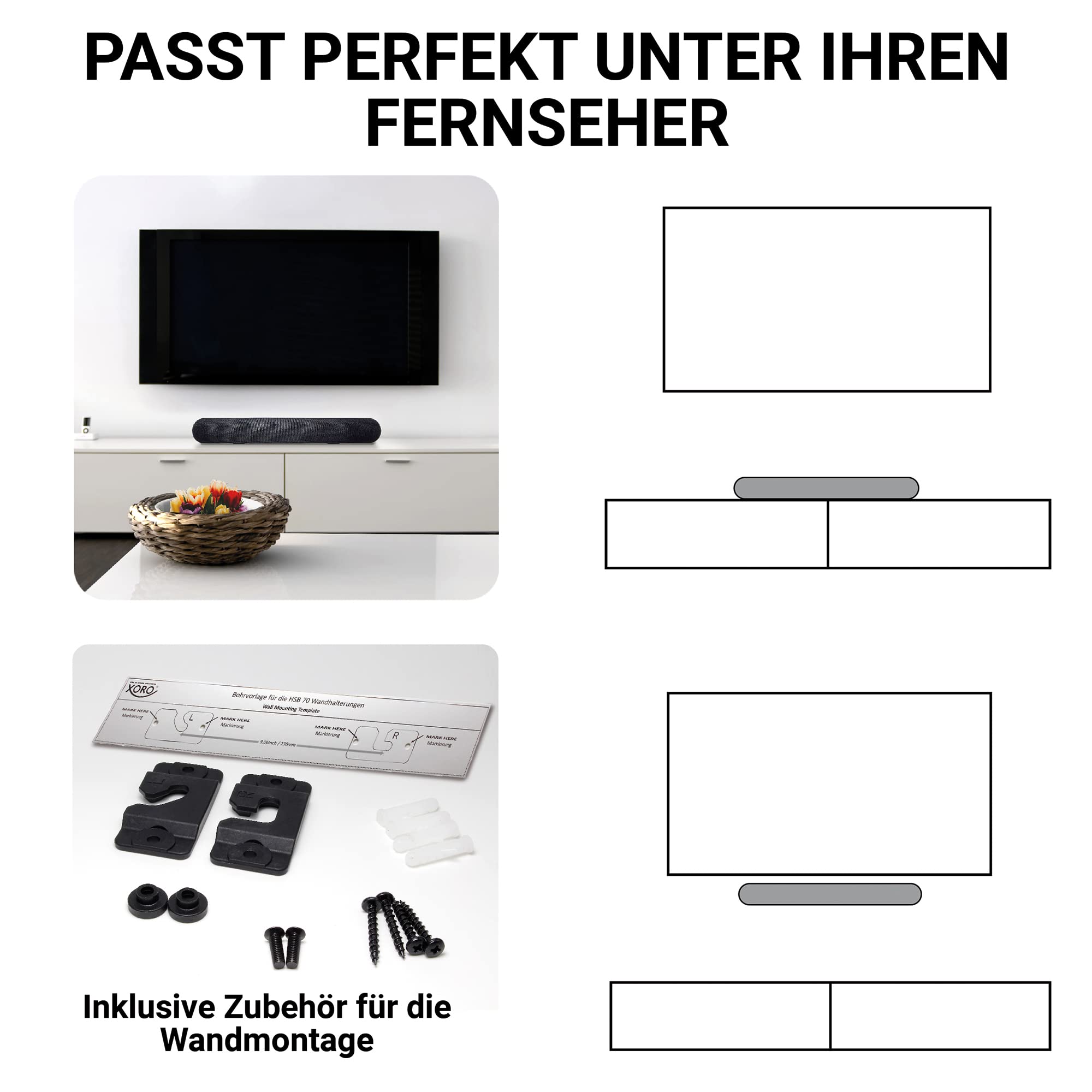 Xoro Haut-Parleur TV stéréo HSB 70 avec Bluetooth, Puissance de Sortie 60 W, AV in, HDMI Arc, Lecteur multimédia USB 2.0, Support Mural, télécommande Infrarouge
