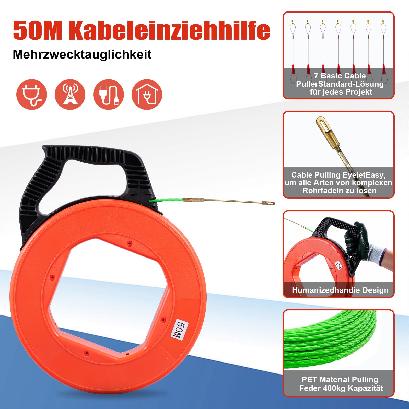 Kabeleinziehhilfe 4,5mm 50m, Einziehspirale 50m, Einziehhilfe für Kabel mit 7 FüHrungsfedern, Kabelziehhilfe mit Kunststoffgehäuse für Elektroarbeiten Telekommunikation Datenverkabelun