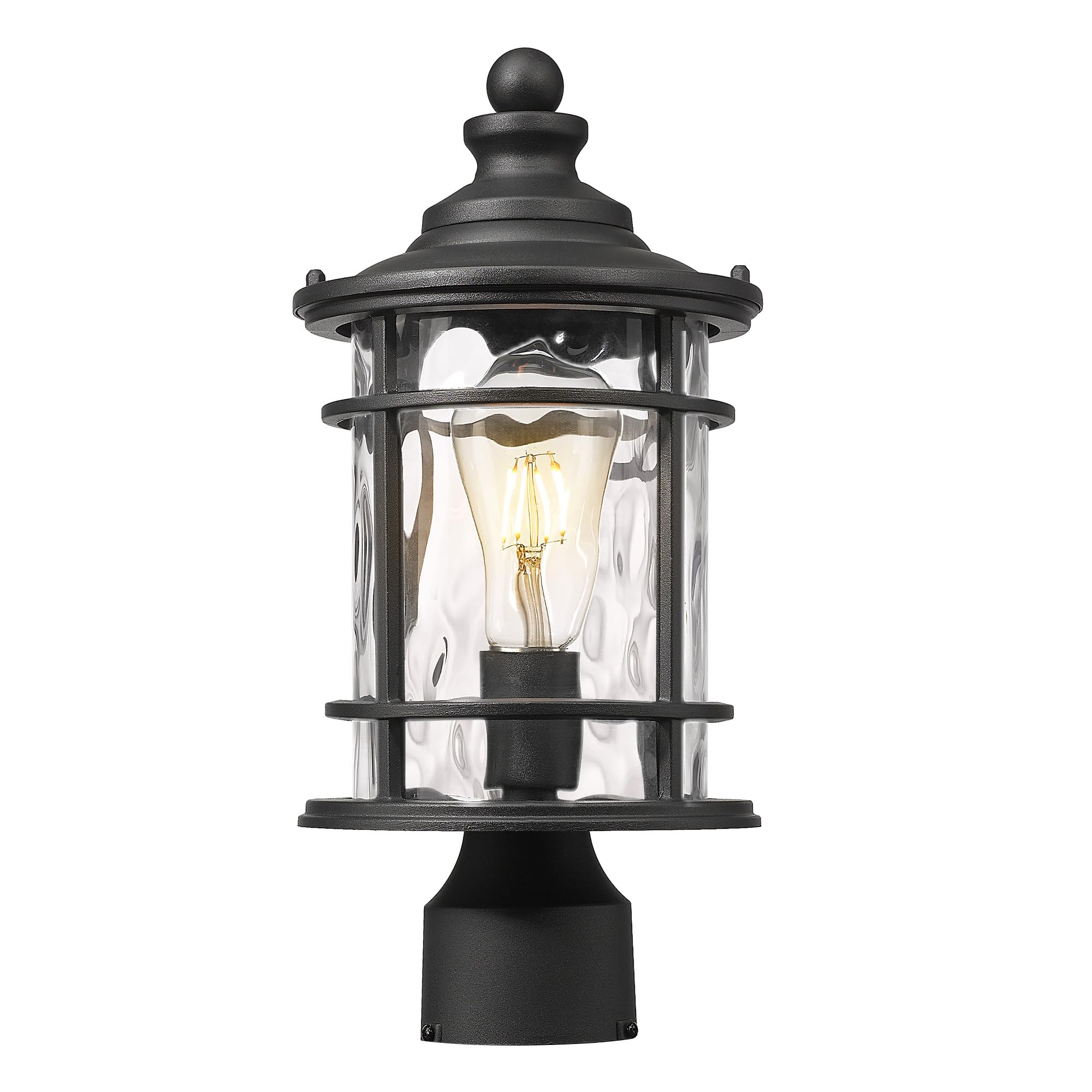 Photo 1 of Emliviar Outdoor Post Lighting, 15 Inch Modern Vintage Exterior Pole Lantern for House Garden, Lamp Post Light with Water Ripple Glass, Black Finish, XE229P-WG BK