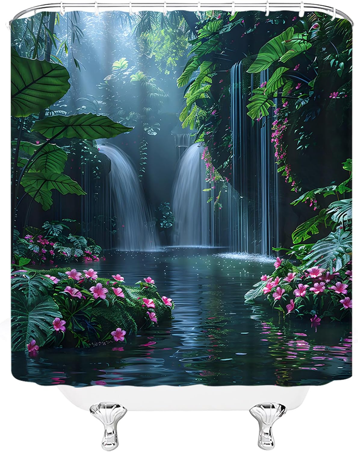 Rainforest Waterfall Shower Curtain Nature Green Tree Forest Flowers Waterfall Tropical Scenery Landscape 70" WX96 H Bathroom Decor Fabric Curtain with Hooks