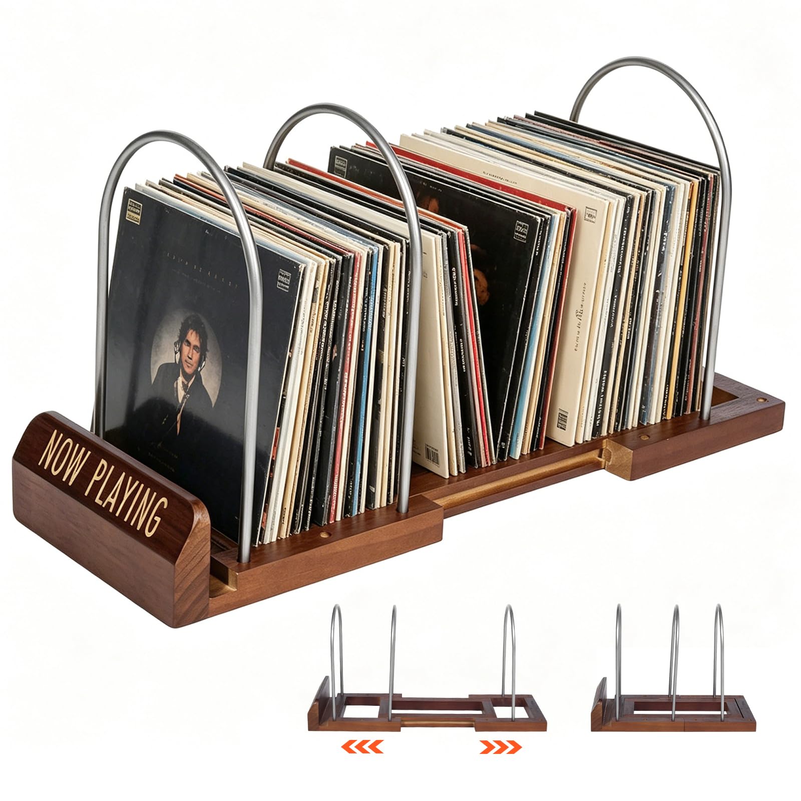 Yalitrca Adjustable Vinyl Record Storage Stand, Expandable LP Holder for 30–70 Albums, Wood & Metal Record Rack with Now Playing Display, Desktop Vinyl Organizer for Albums and Music Lovers