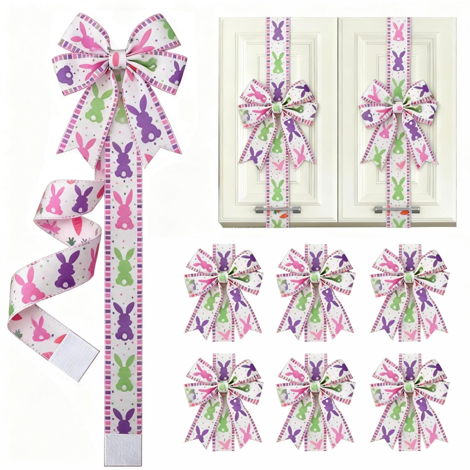 6Pcs Easter Cabinet Ribbon Bows for Window Front Door Kitchen Home Decor Spring Bunny Day Party Supplies 2026 Easter Decorations (Easter Colorful Bunny, 6 Pcs)