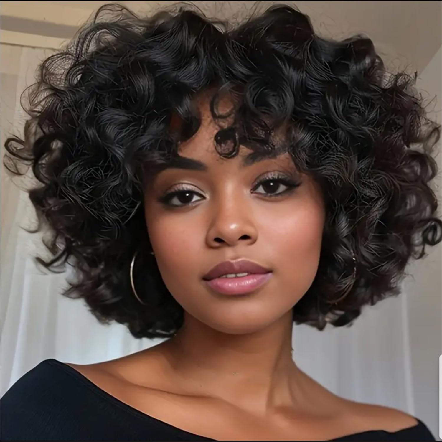 Short Curly Human Hair Wigs for Black Women Afro Curly Short Pixie Cut Wig Curly Bob Wig Glueless Human Hair Loose Curly Wig Human Hair With Bangs Big Bouncy Curls Wig(Natural, 9 Inch) Natural 9 Inch