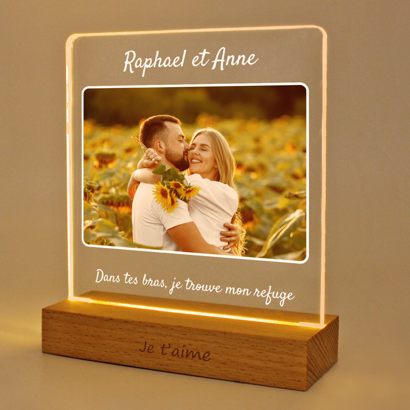LASERO' Cadre Photo Personnalisé - Impression UV sur Plaque Personnalisée en Acrylique Rectangulaire avec Socle en Bois LED | Lampe Personnalisée avec Photo, Cadeau Homme, Femme, Couple