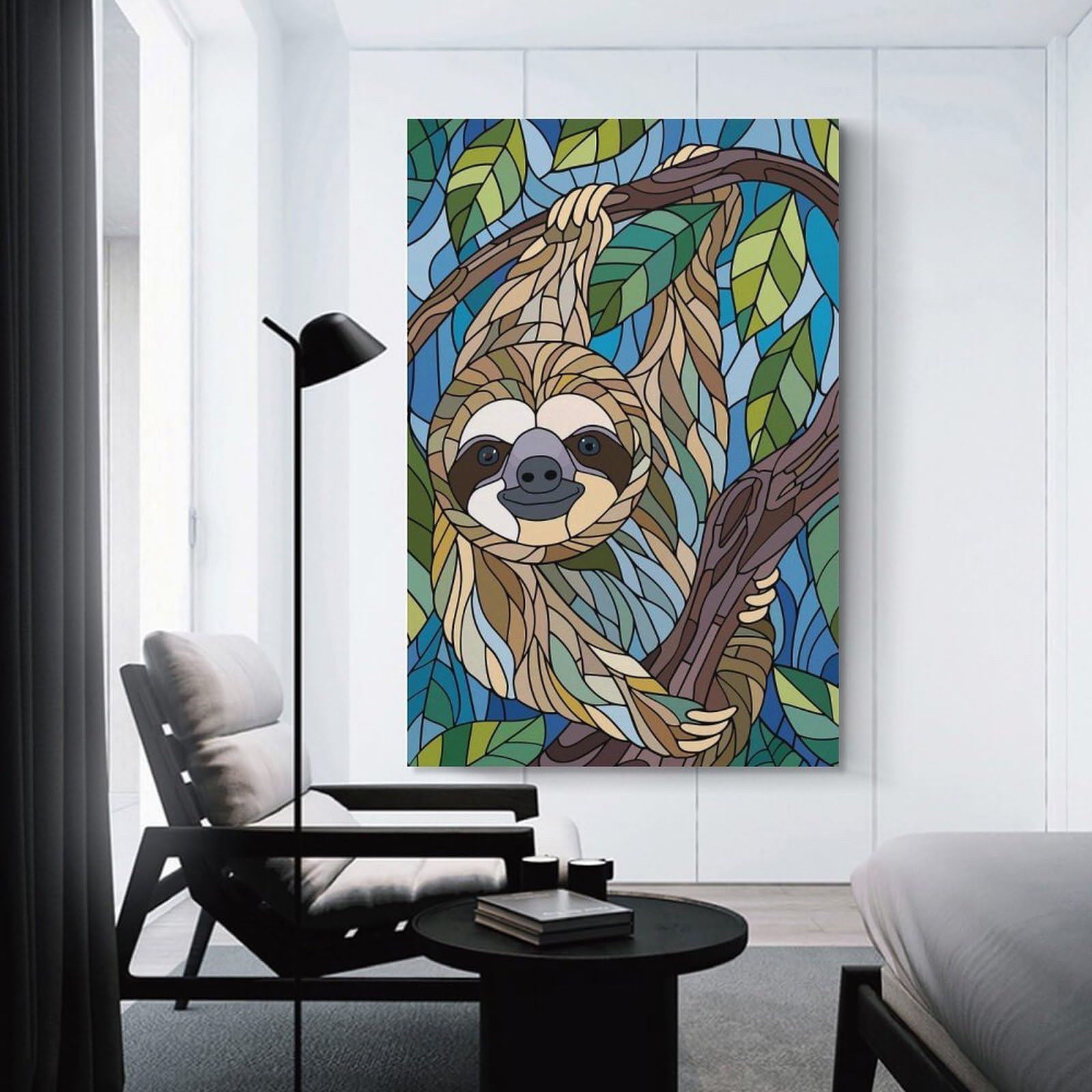 Junmoney Stained Glass Sloth in Tree Wall Picture Print 20x30inch(50x75cm), for Lounge Decor, Offices Or Entryway Styling, A Flexible Wall Accent for Shared Spaces