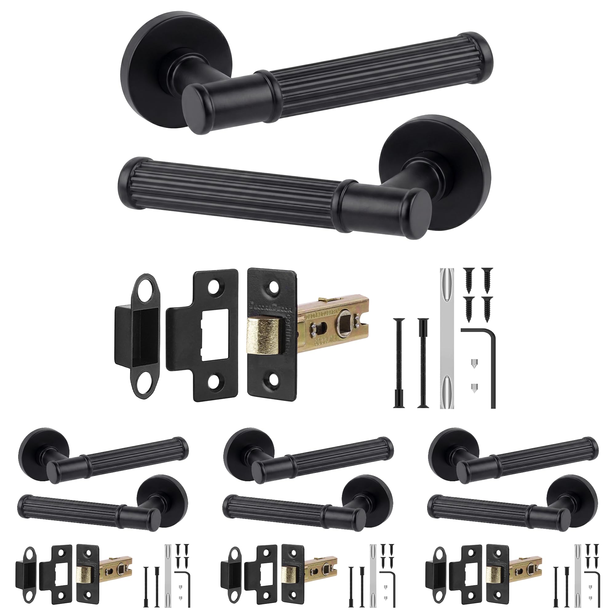 B&Q -  Leto Door Handles With 64mm Tubular LatchMatt Black Lever On Rose Internal Door Latch KitPack Of 4