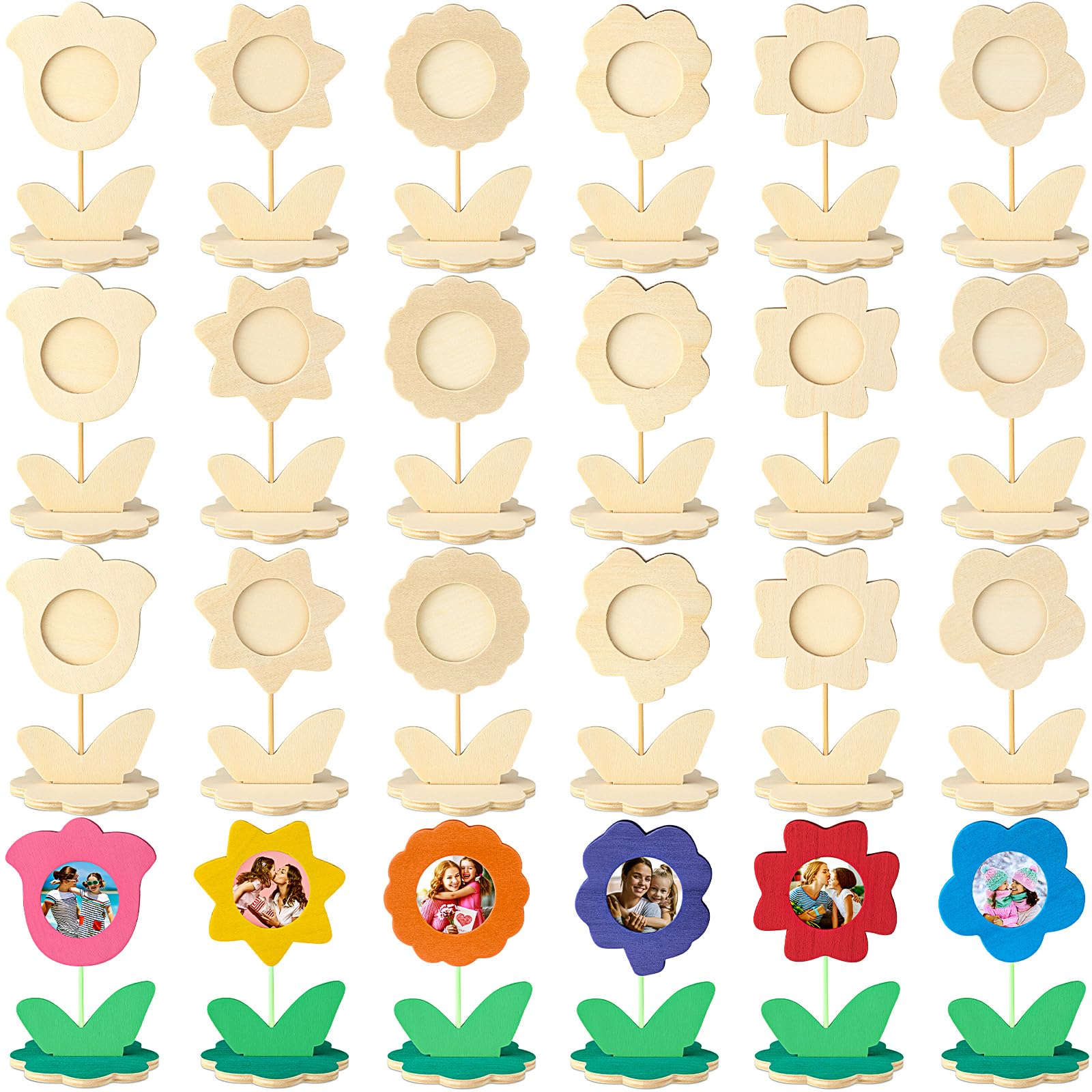 Lineshading 24 Pcs Mother's Day Crafts for Kids Mother's Day Picture Frames Craft DIY Wooden Flowers Frames Set Mother's Day Wooden Flowers Crafts