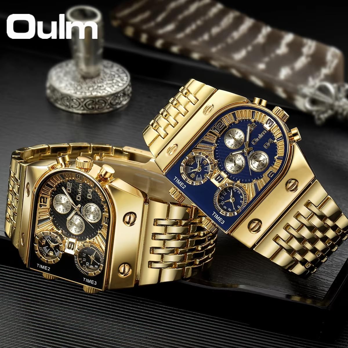 CARLIEN Men’s Luxury Rectangle Square Gold Silver Big Face Luminous Waterproof Quartz Watch Sports Multi-Time Zone Military Stainless Steel Male Dress Wristwatch