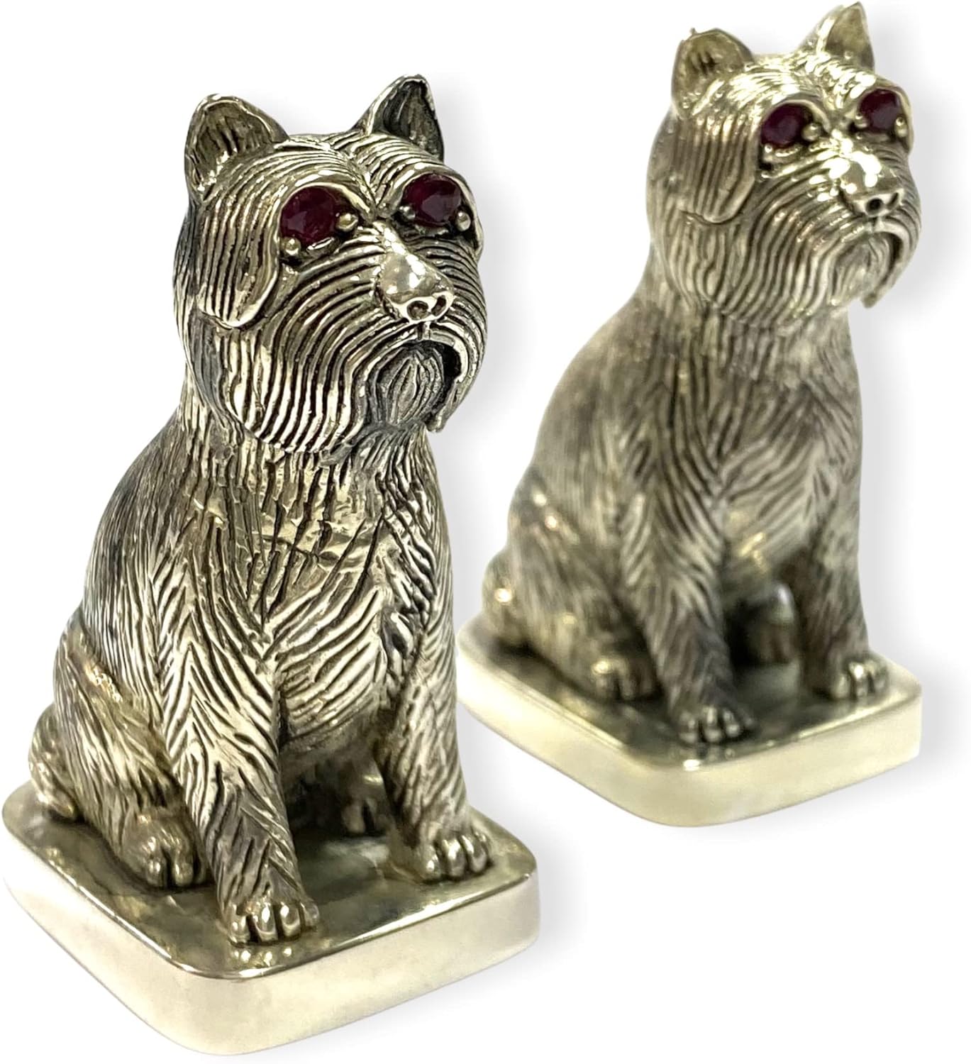 Novelty Style Scottish Terrie Dog Pair with Ruby Stone Salt and Pepper Shaker Pots 925 Silver Plated