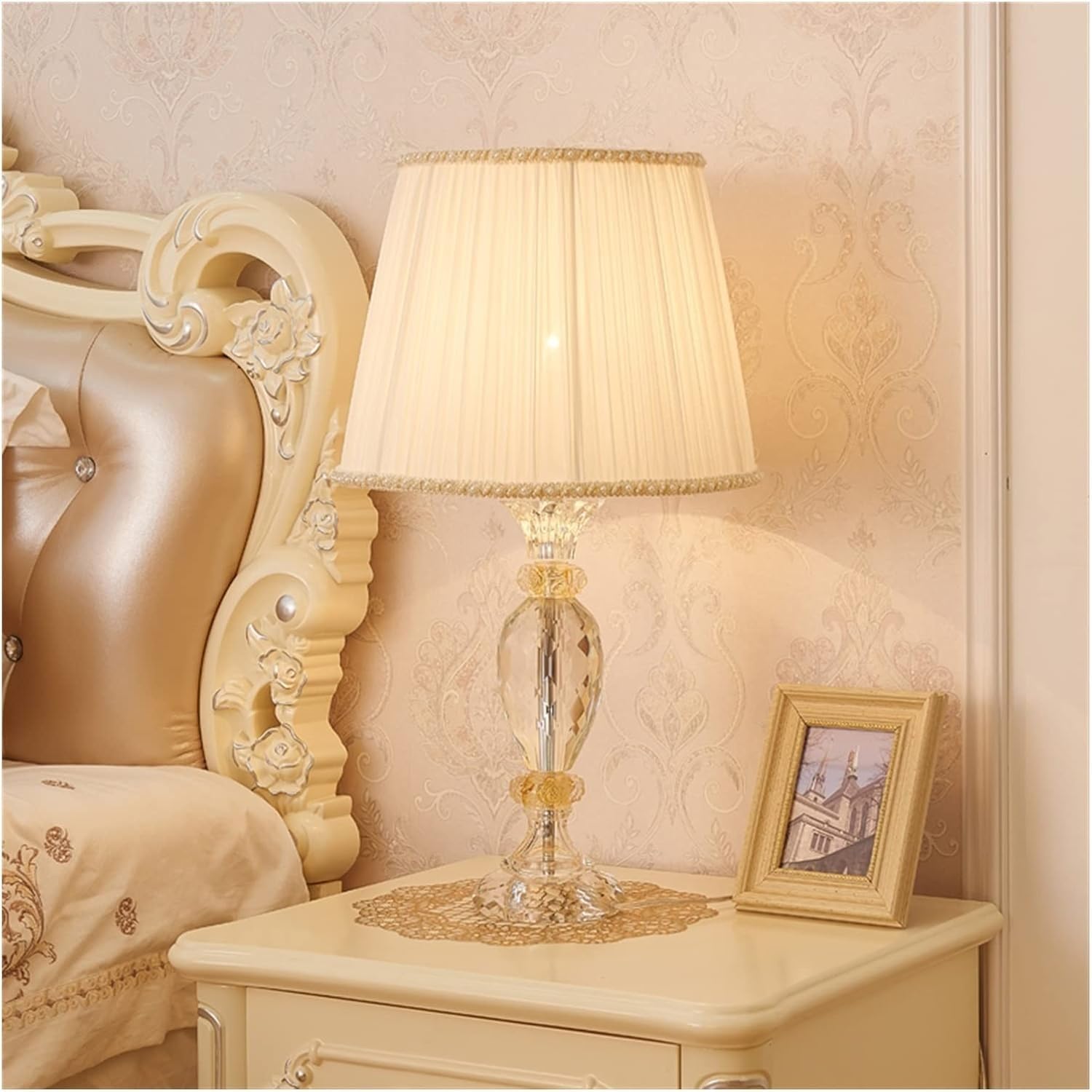 DFAEEKIYO Table Lamp Crystal Lamps, Elegant Bedside White Fabric Lampshade