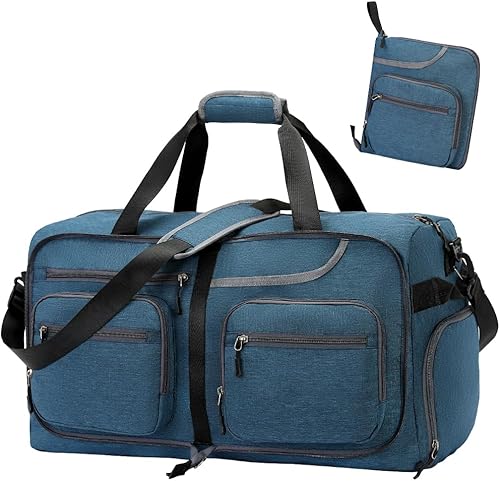 Bolsa de viaje plegable de 65 litros con compartimento para zapatos y bolsillo húmedo, impermeable y resistente a desgarros, A4-azul oscuro
