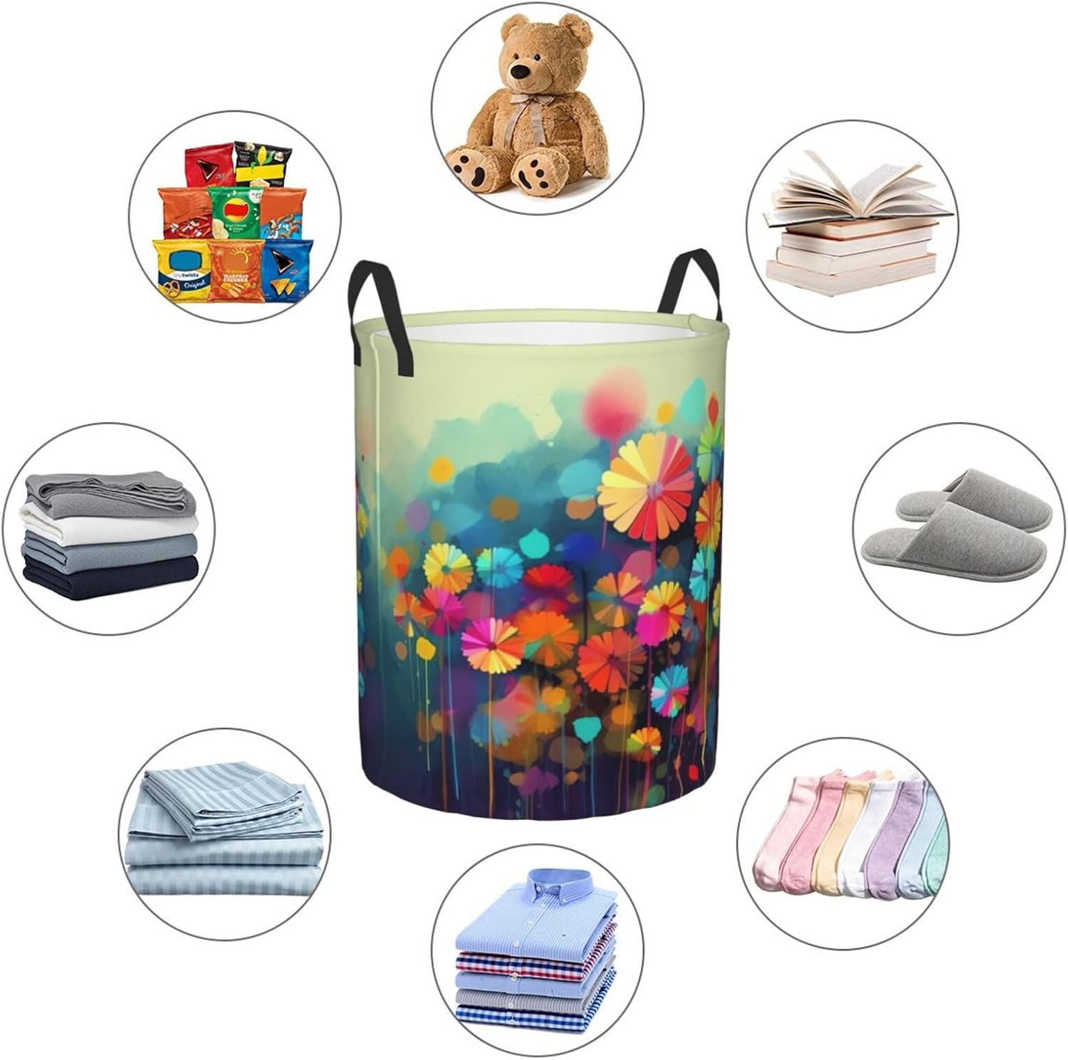 Abstract Style Colorful Flowers Laundry Basket With Handles, Foldable Laundry Hamper Oxford Cloth Dirty Clothes Basket Waterproof Clothes Toys Storage Bin Organizer for Bedroom Bathroom Dorm