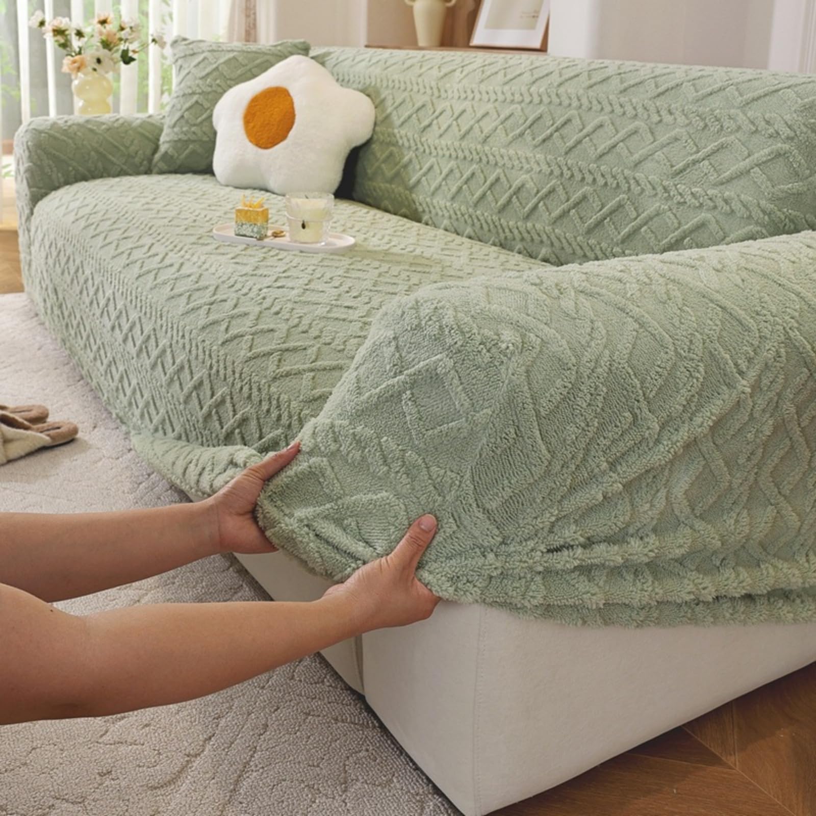 Odot Plush Sofa Cover,Cable Pattern High Stretch Sofa Cover 1/2/3/4/5 Seater, Breathable Garden Furniture Protector, Soft Non Slip Slipcovers for Living Room Furniture Protector (Green,2 Seater)