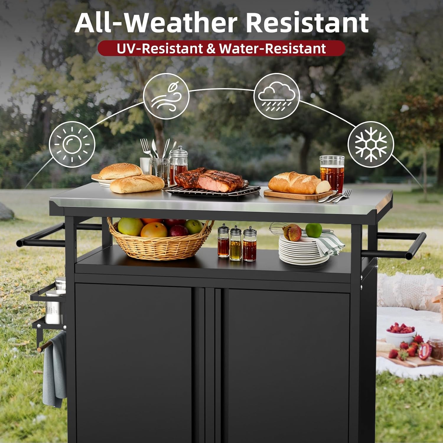Outdoor Grill Cart Bar Cart with Storage Cabinet for Grilling Accessories, XL Portable Outdoor Grill Table with Stainless Steel Top for Kitchen Prep, Lawn & Garden（Black）