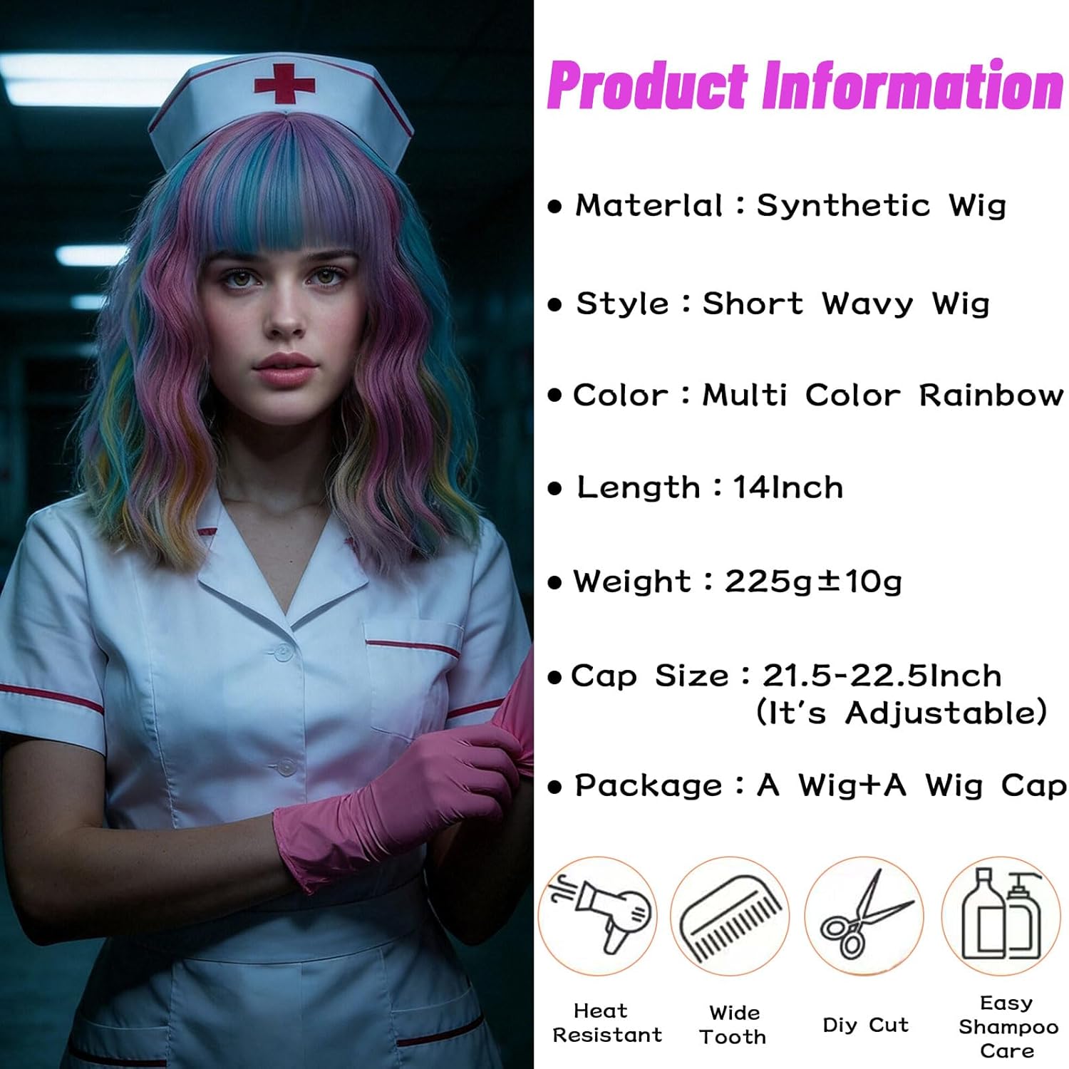 Women's Multi Color Rainbow Wig Short Curly Wavy Wig Shoulder Length Flat Bangs Wig For Women Girl Cosplay Party Halloween Wig Cap Included (Multi Color Rainbow) - Image 3