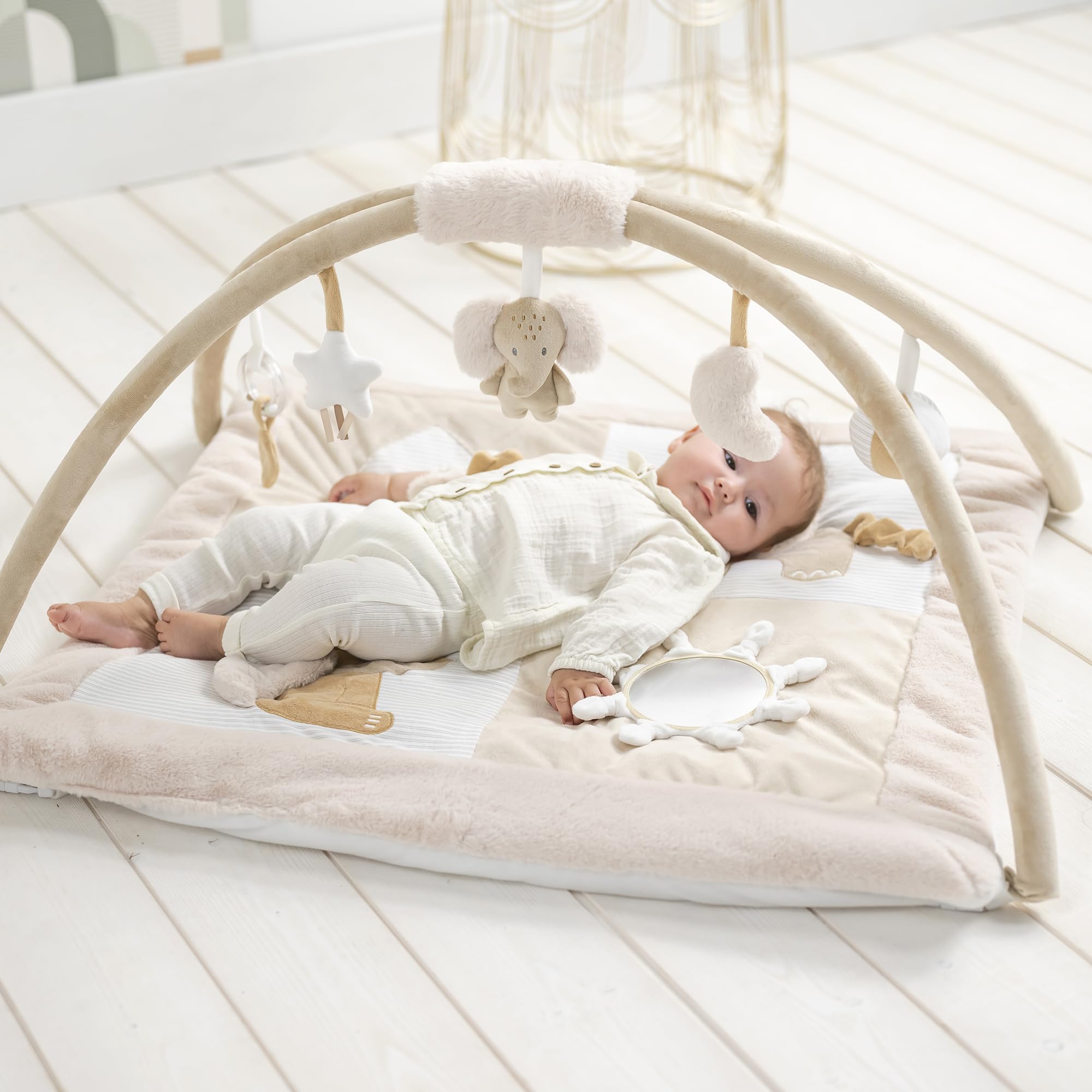Nattou Krabbeldecke mit Spielbogen und verschiedenen Aktivitäten, Aus Polyester, Ca. 80 cm, Rechteckig, Flo, Oli & Ernest, Flo Beige