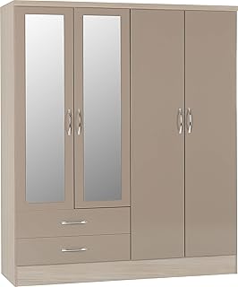 Seconique Nevada 4 Door 2 Drawer Wardrobe in Oyster Gloss/Light Oak Effect Veneer