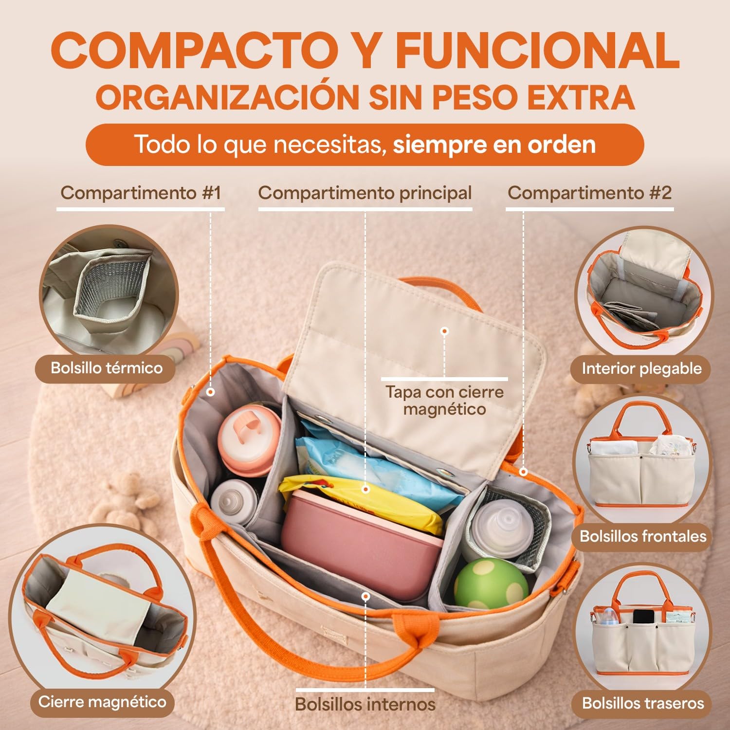 Bolso Carro Bebe multifunción Impermeable con Gran Capacidad y bolsillo térmico – Organización Práctica para Paseos Diarios – Ideal padres activos – Múltiples Compartimentos y Cierre Magnético