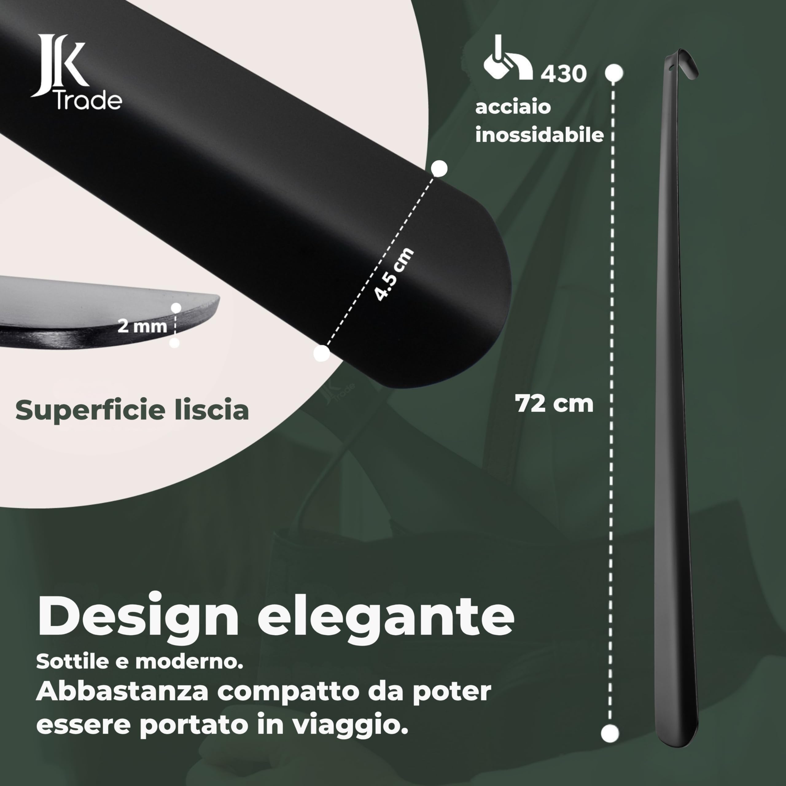 JK Trade® L'originale, calzascarpe in acciaio inox resistente, 72 cm, lungo da appoggiare, in modo rapido e delicato sulla schiena, lunghezza e larghezza ideali, adatto per le scarpe da lavoro