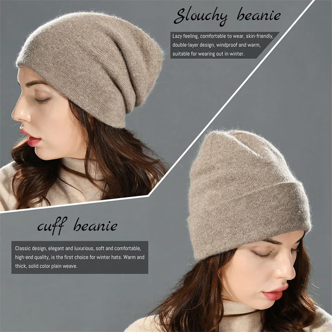 Gorro De Lana Para Mujer, Gorro De Invierno Informal Liso De Doble Capa, Cálido, Gorro De Cachemira