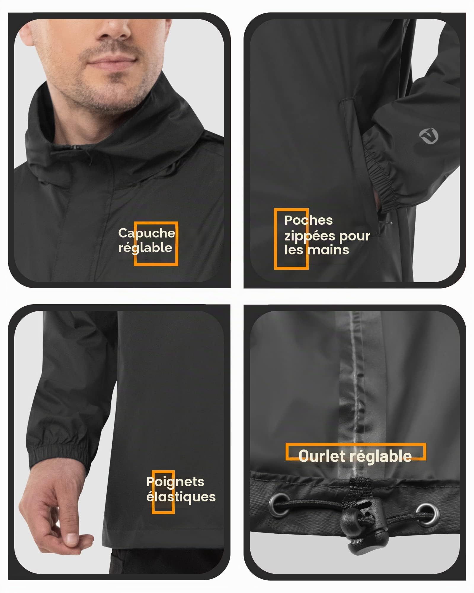 Outdoor Ventures Veste de pluie pour homme - Pull imperméable avec capuche - Veste réfléchissante pliable - Veste coupe-vent légère - Veste softshell respirante pour la randonnée, la course à pied