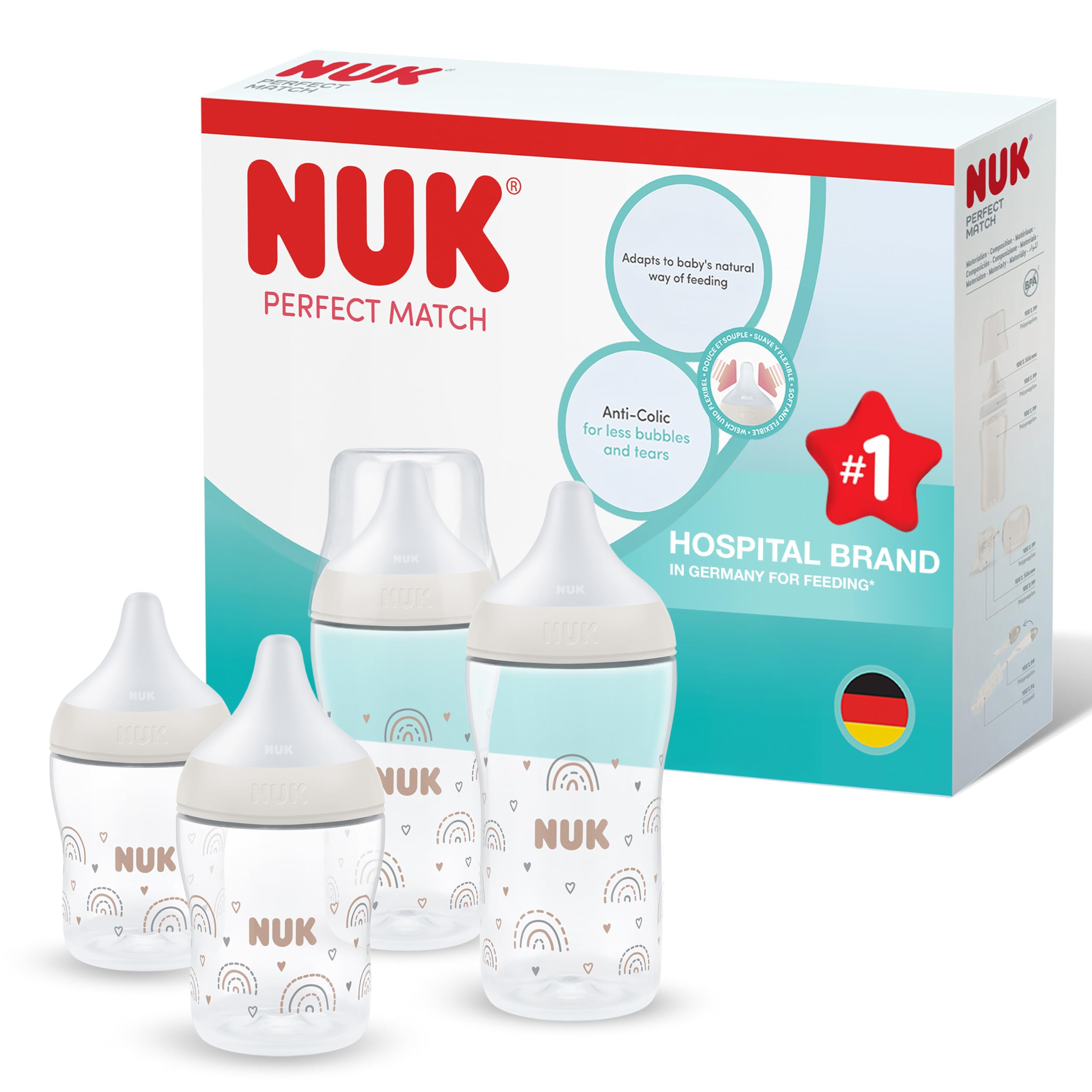 NUK Perfect Match Baby Bottle, Rainbow, 2 x 260ml + 2 x 150ml