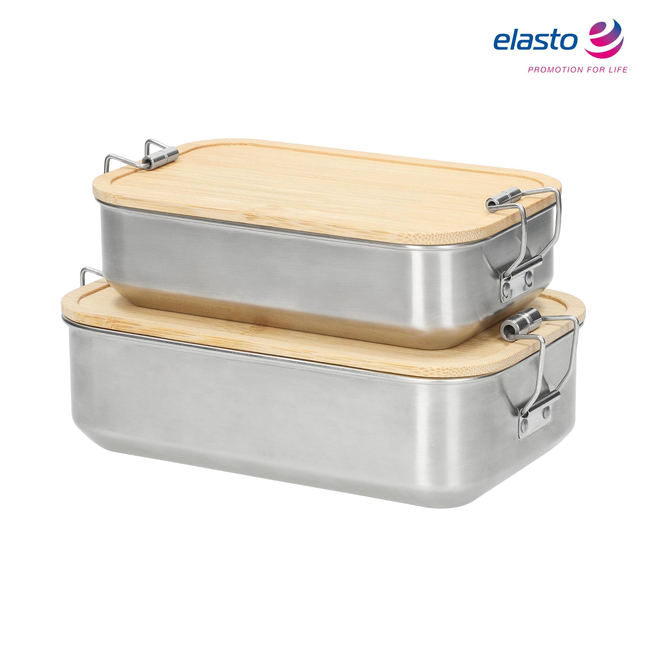 elasto PROMOTION FOR LIFE Sagano - Envase para Alimentos, Contenedor de Alimentos, Tarro de Acero Inoxidable con Tapa de Bambú y Pinza de Sujeción (1,0 L), Color Plateado y Natural