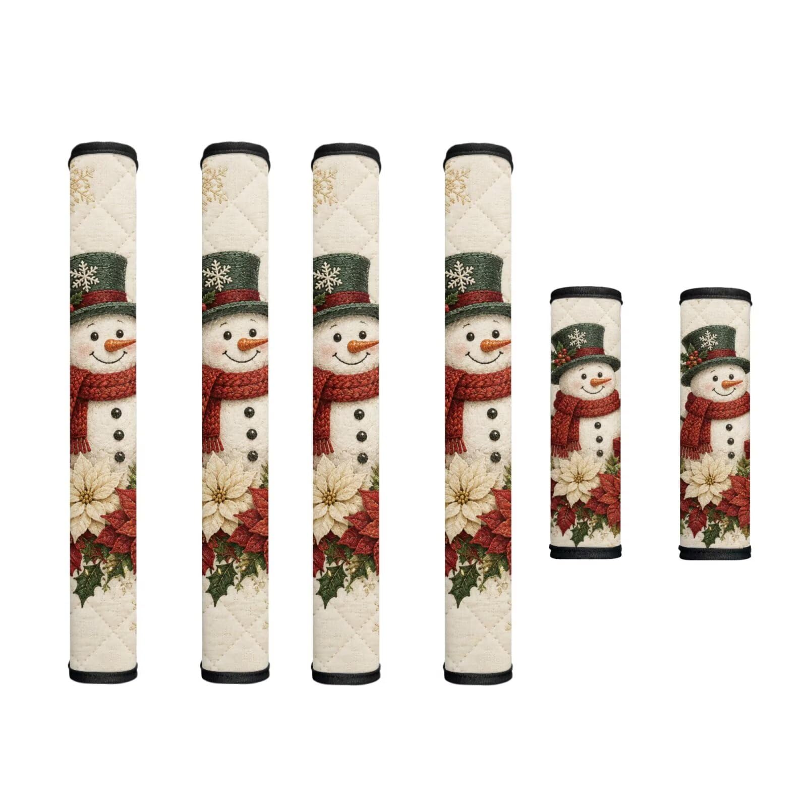 Christmas Fridge Door Handle Covers Set of 6 Kitchen Appliance Decor Handles Glove Anti-Slip Protectors Washable Fabric Refrigerator Decor Accessories, Snowman Poinsettia Flower Beige