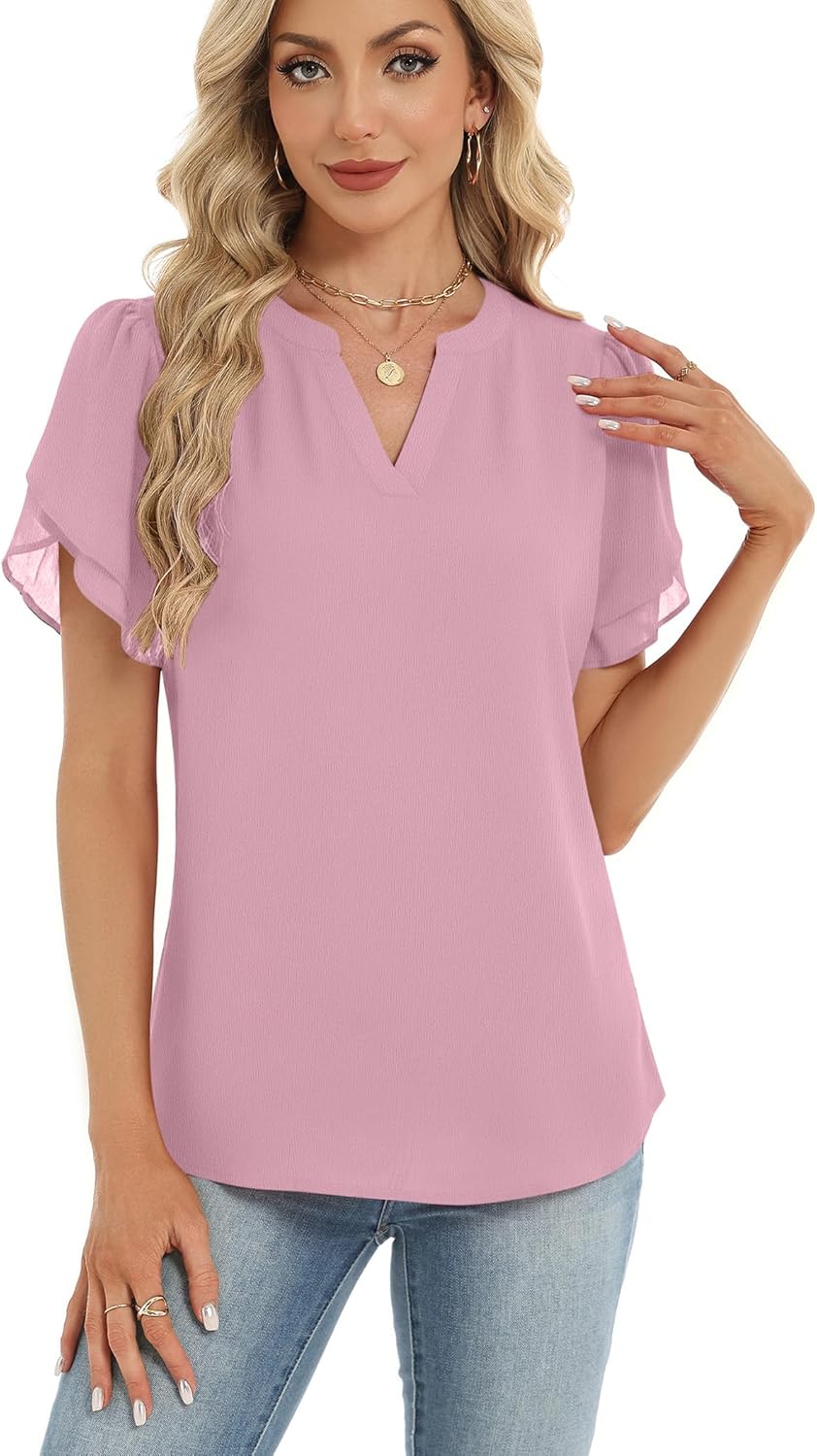 Zeagoo Womens Dressy Casual Shirts Short Sleeve V Neck Work Blouse Business Casual Summer Chiffon Tops - Image 2