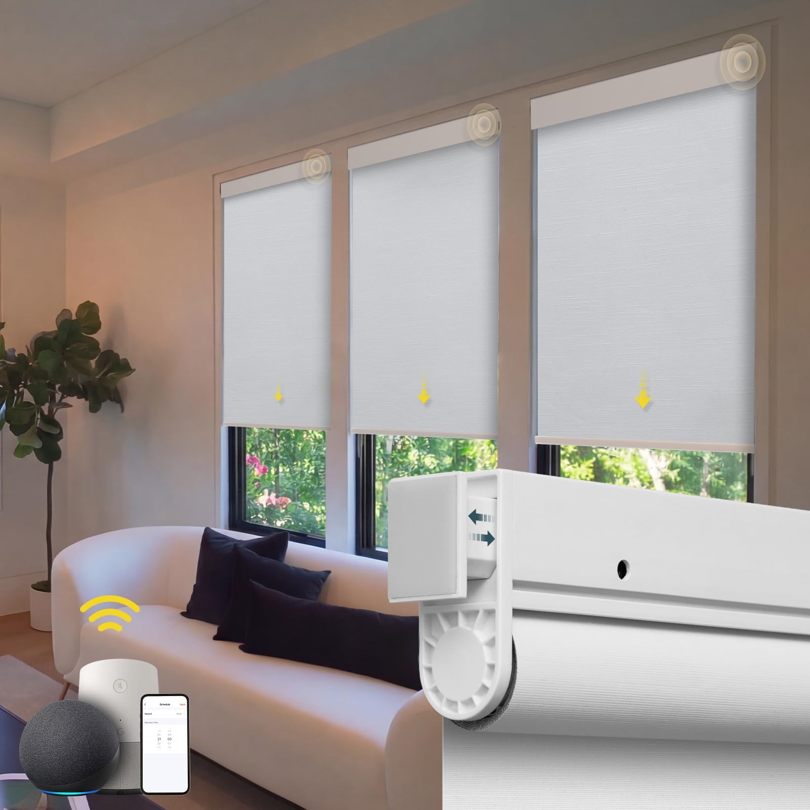 Motorized Blinds No Drill Automatic Roller Shades with Remote Control Cordless Smart Electric Windows Blinds (White, 34 x 72)