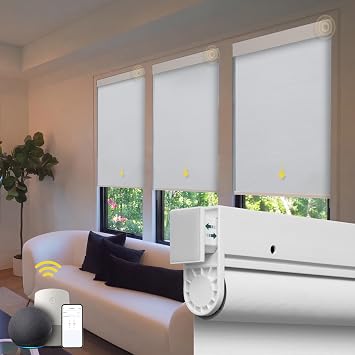 Motorized Blinds No Drill Automatic Blinds for Windows Cordless Roller Shades Electric Blinds with Remote Control Smart Blinds White, 30 x 72, MH100