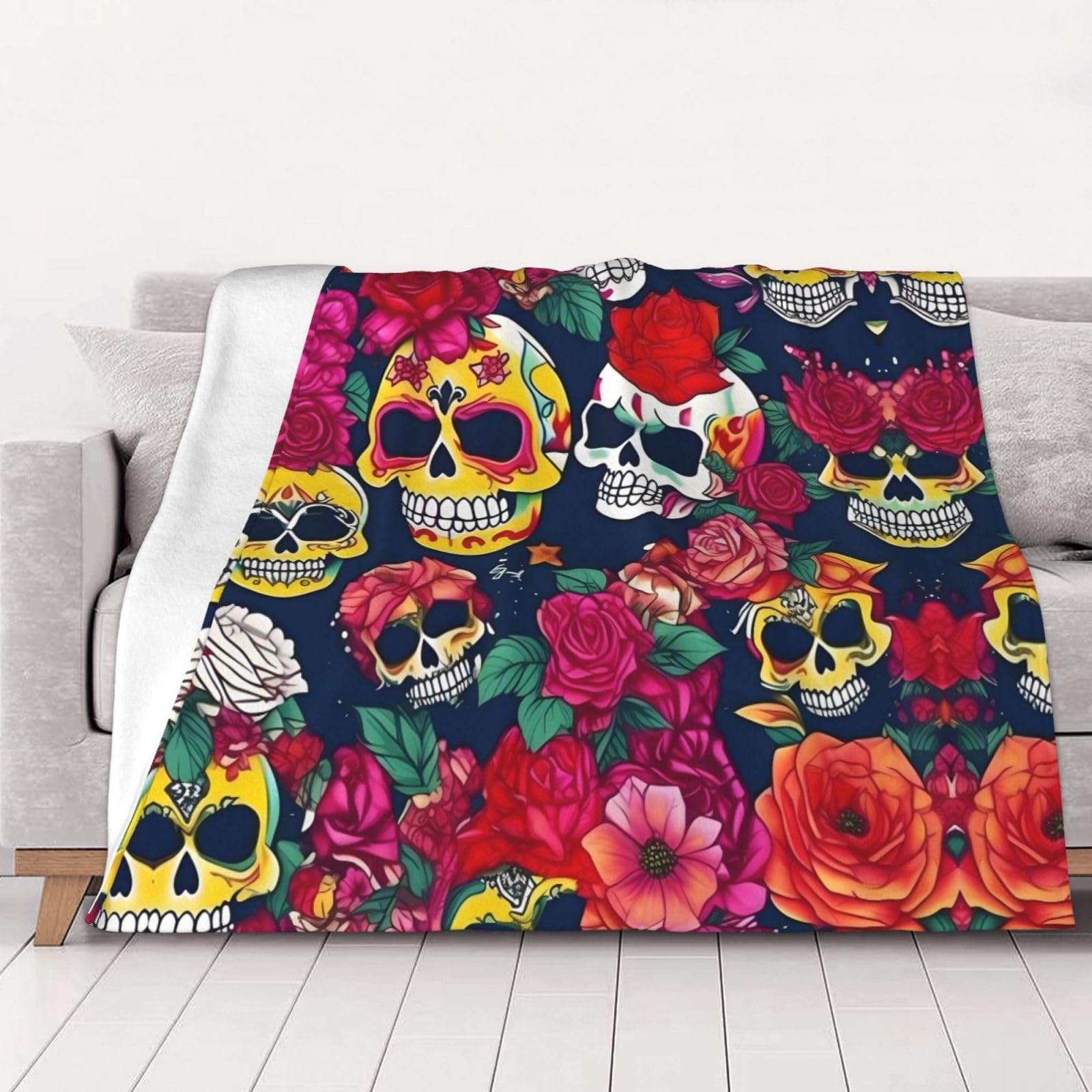 Couverture super douce lavable motif crânes de sucre plaid toutes saisons